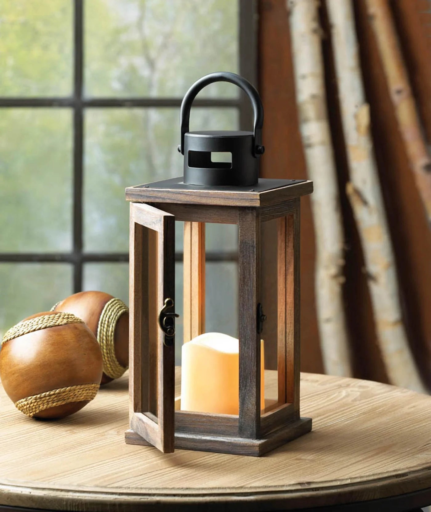 LODGE WOODEN LANTERN WITH LED CANDLE