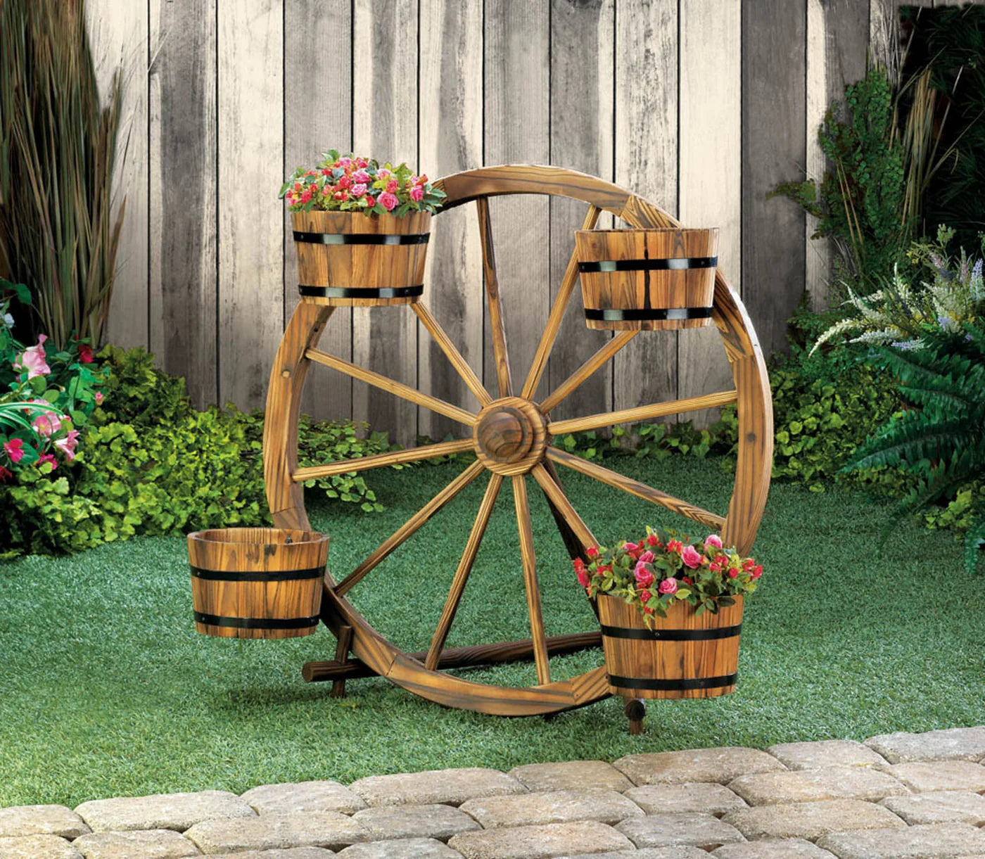 WAGON WHEEL BARREL PLANTER DISPLAY