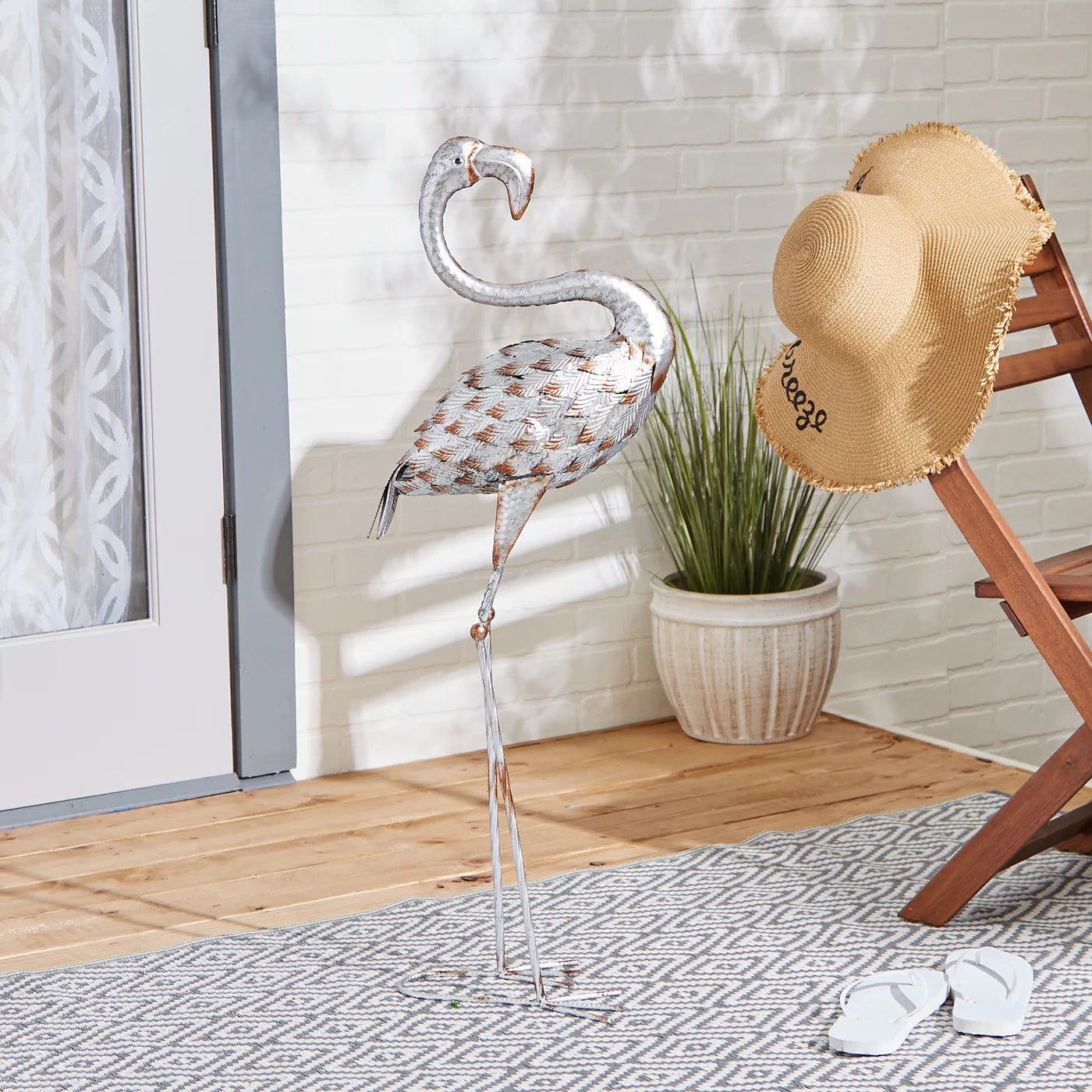 STANDING TALL GALVANIZED FLAMINGO STATUE