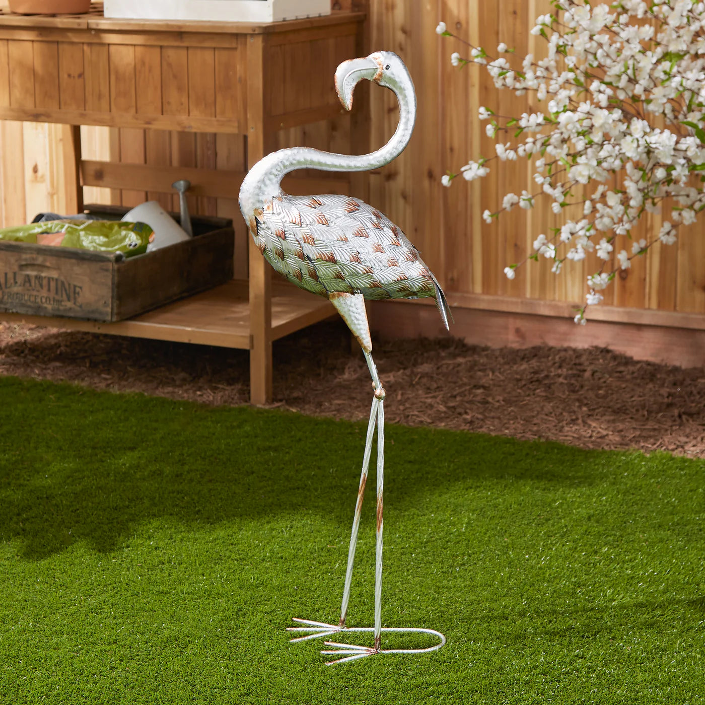 STANDING TALL GALVANIZED FLAMINGO STATUE