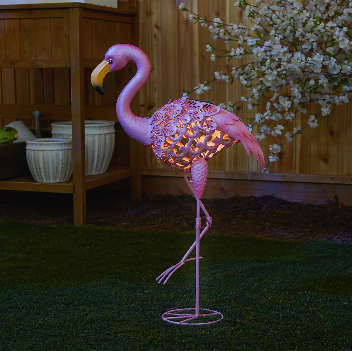 Flamingo Leaning Solar Metal Statue