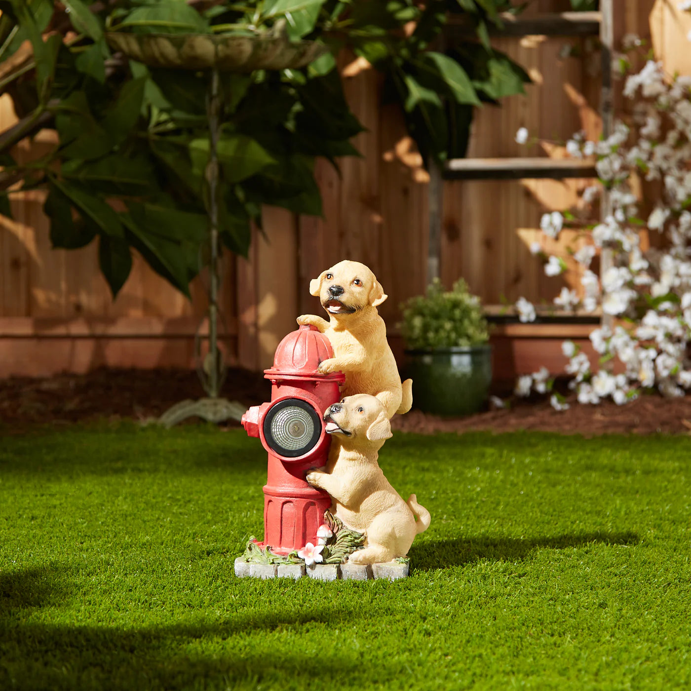 DOGS AND FIRE HYDRANT SOLAR STATUE