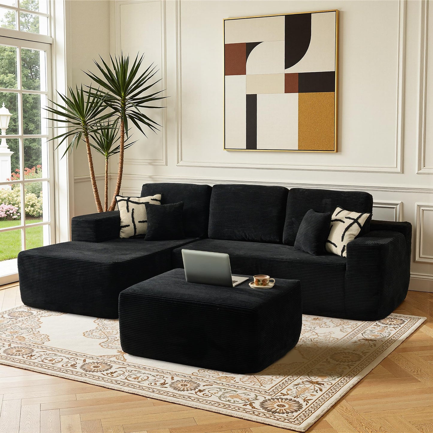 37" Square Cloud Couch Ottoman Footstool, Upholstered Foam Filling Footrest Ottomans for Couch,Large Seat,Soft Fluffy Foot Stool for Living Room Bedroom, No Assembly Required,Black,Corduroy