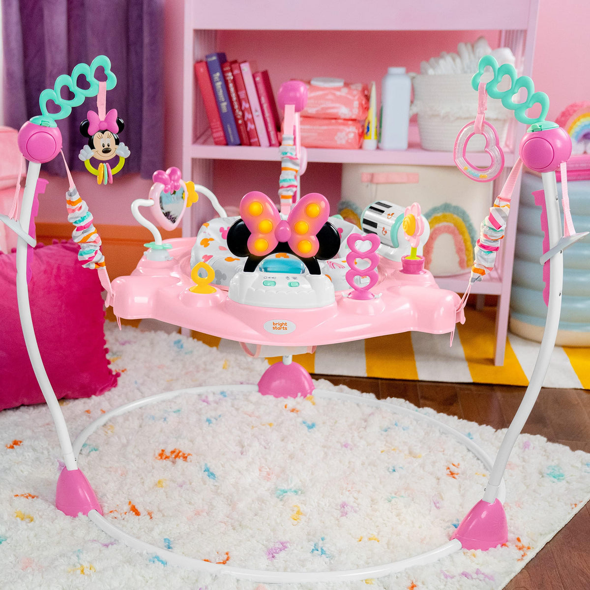 Bright Starts Disney Baby Minnie Mouse Forever Besties Baby Activity Center Jumper with 10 Toys, Lights & Sounds, 360-Degree Seat, 6-12 Months (Pink)