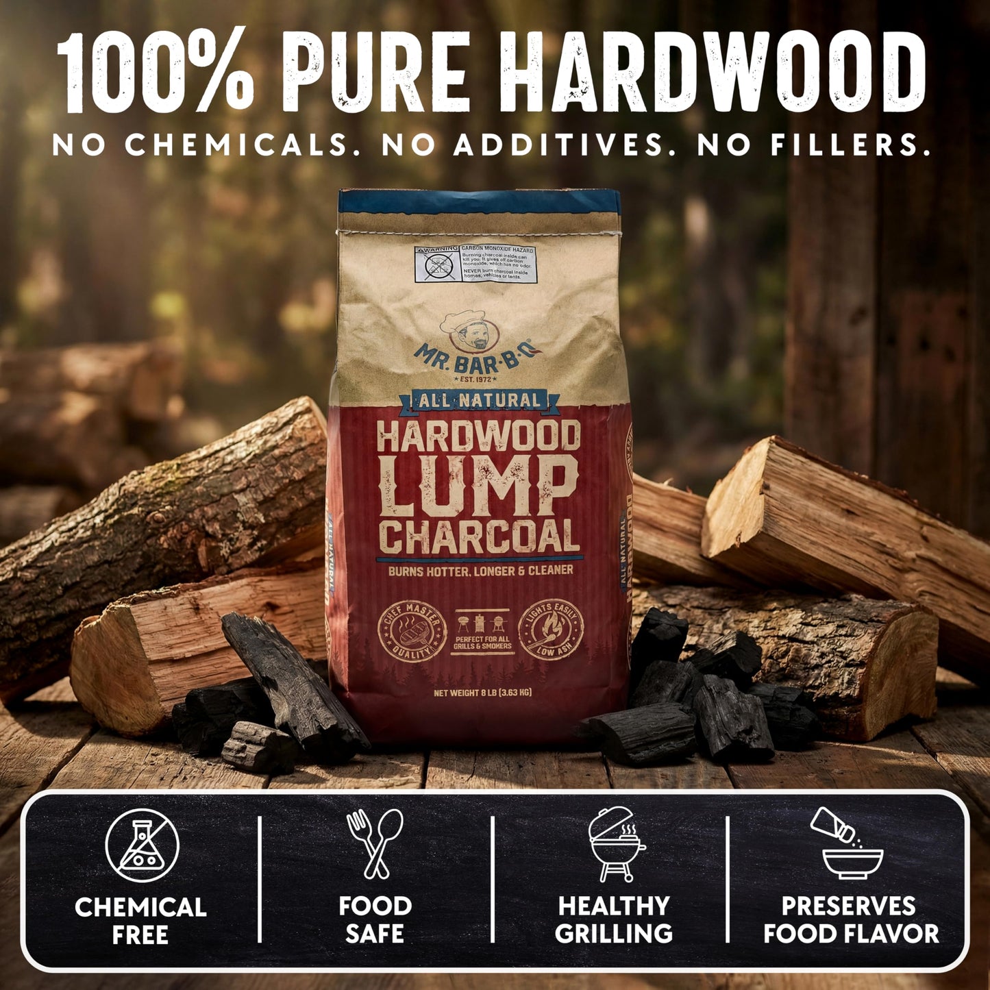 8 LB. All Natural Hardwood Lump Charcoal by Mr. Bar-B-Q - Premium Natural Charcoal for Grilling, BBQ, Smoking, Kamado & Kettle Grills - Burns Hotter & Longer - Smoky Flavor, Low Ash & Easy to Light