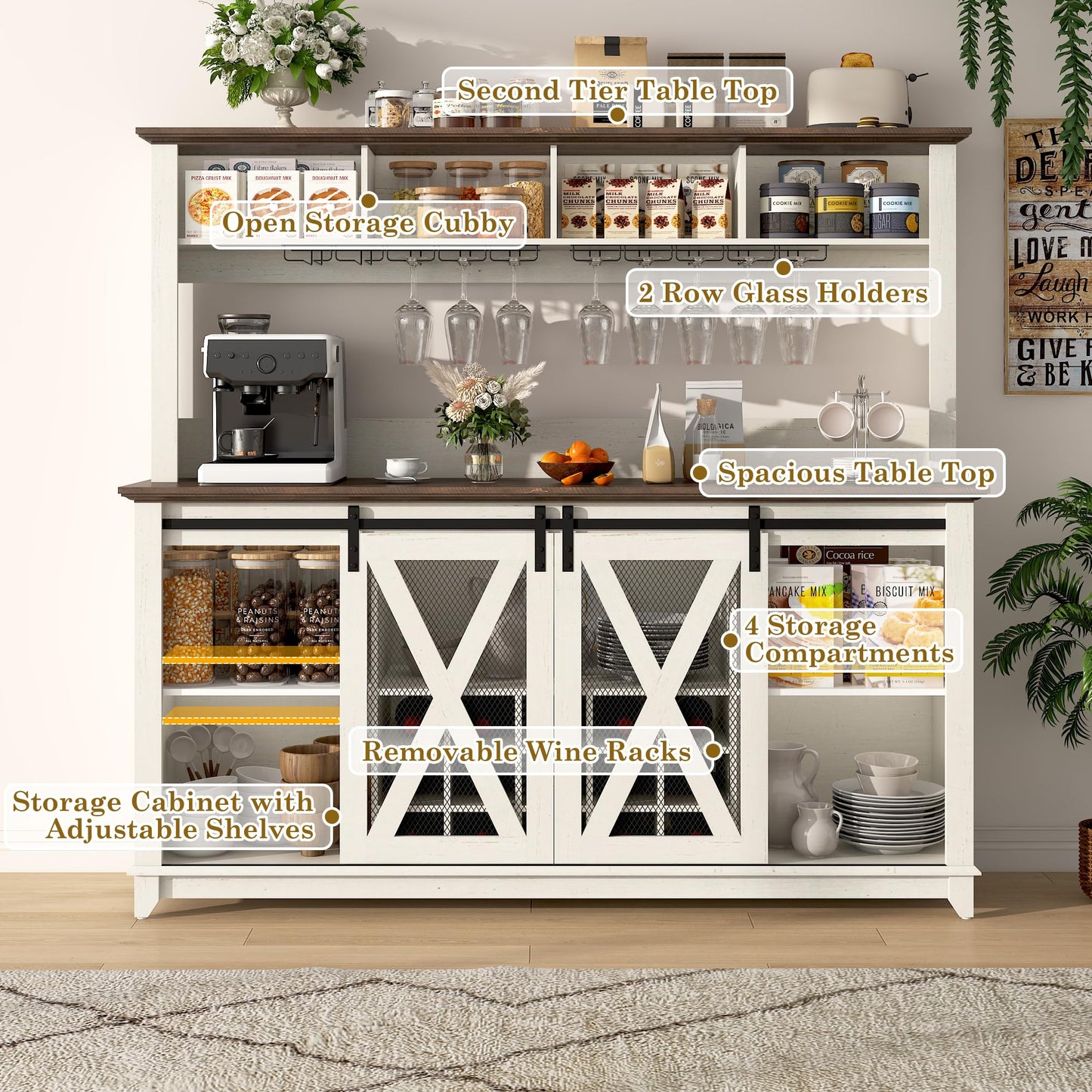 63"Wide 58"H Farmhouse Coffee Bar Cabinet with Power Outlet and LED Light,Wine Bar Cabinet w/ 4 Storage Hutch,Kitchen Buffet Cabinet with 15 Wine and Glass Racks for Kitchen Dining Room(Antique White)
