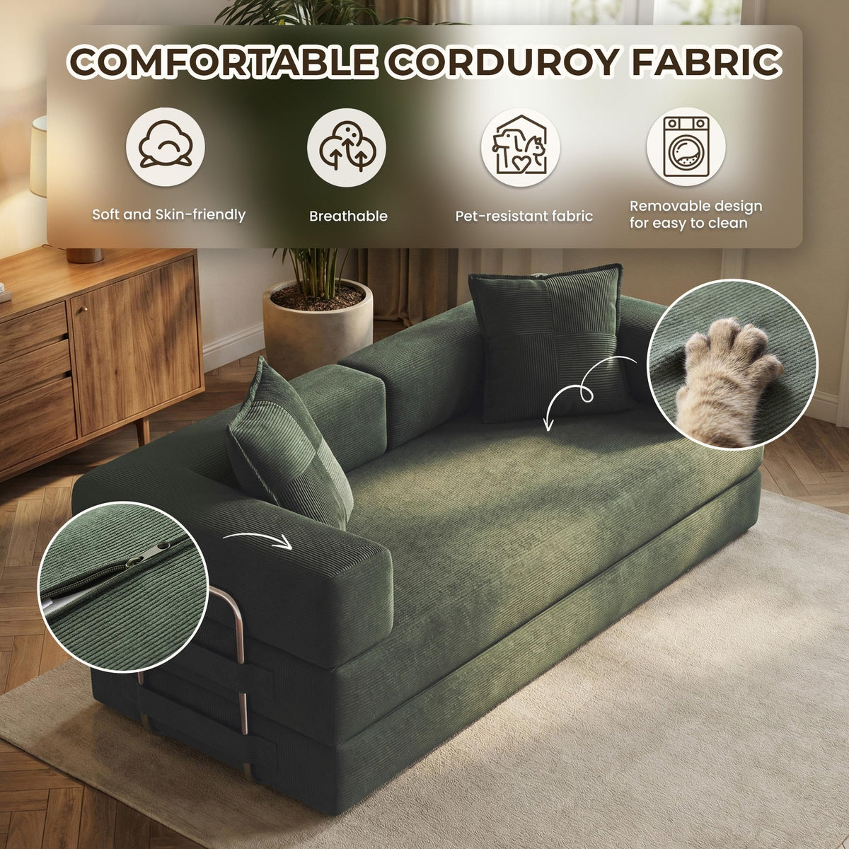 78" 5-in-1 Convertible Futon Sofa Bed, Boneless Corduroy, Green