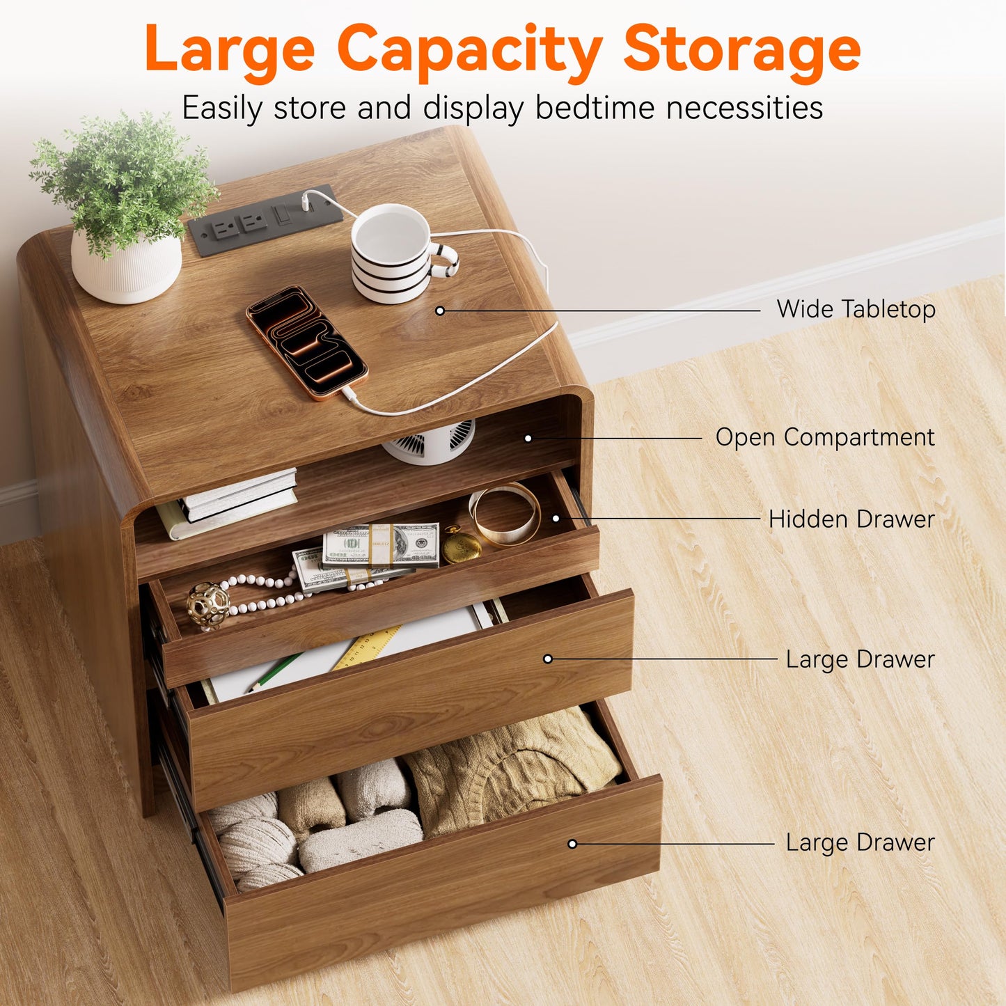 23.8" Modern Nightstand with Hidden Drawers Walnut Night Stand with Charger Station Mid Century Bedside Table Curved Wood Side Table for Bedroom Dorm