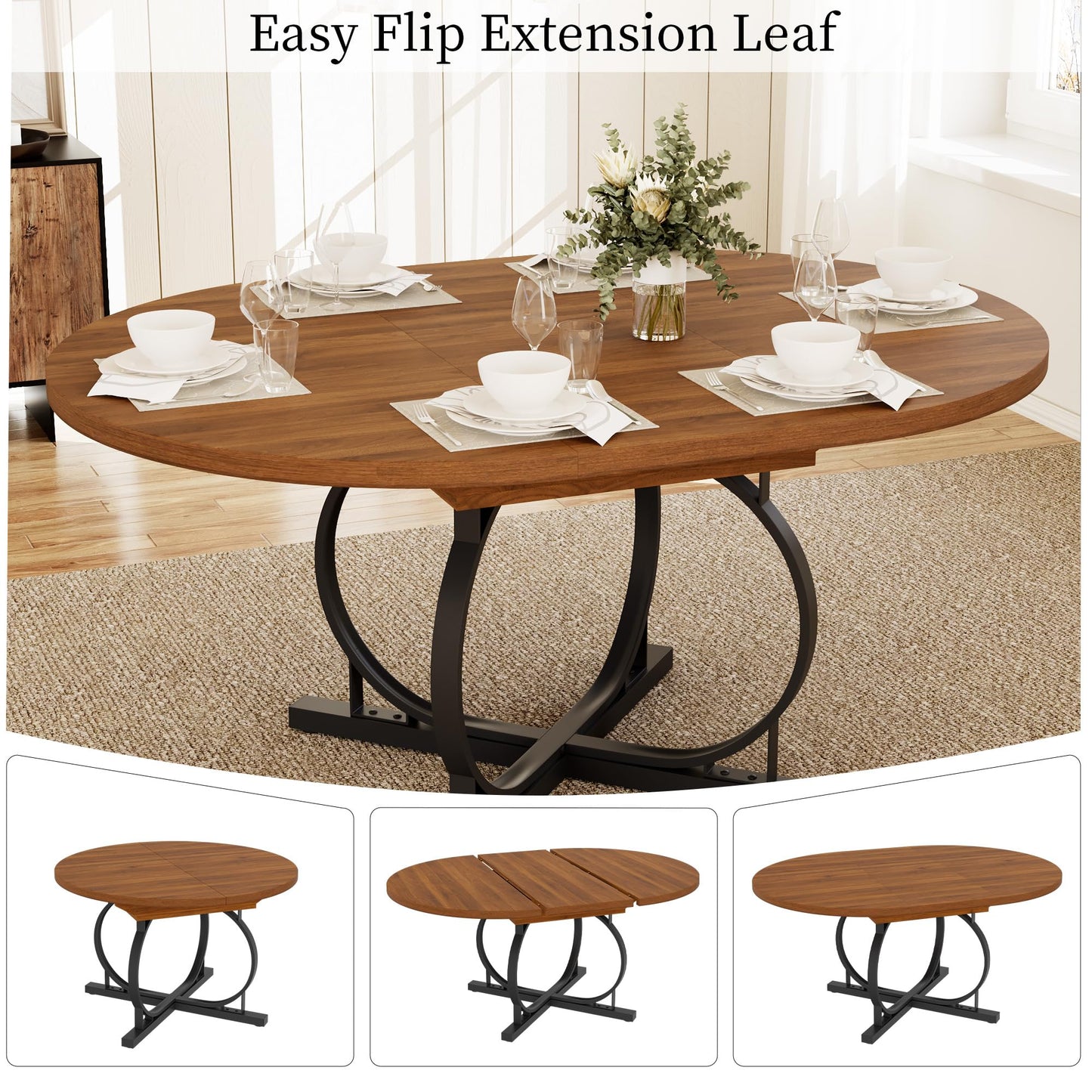 HIPIHOM Extendable Round Dining Table Set for 6 People, 43.3"-59" Extendable Kitchen Table with 6 Upholstered Chairs, Space Saving for Kitchen Dining Room (Walnut Table+6 Grey Chairs)