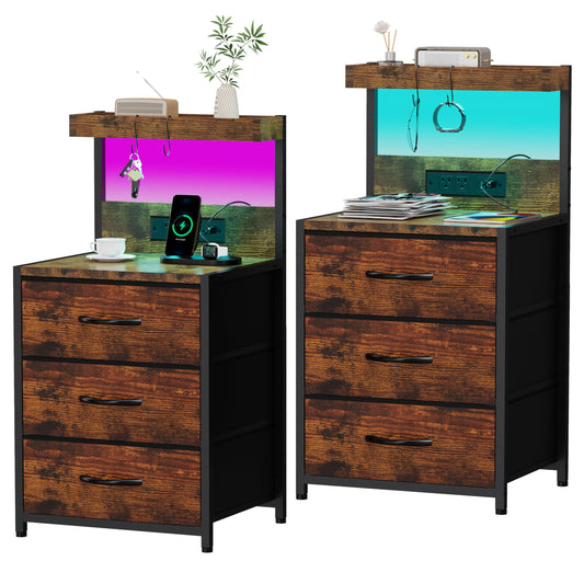 SZLHANJZ Nightstands Set of 2, End Table with LED Light and Charging Station Type C, 3 Drawers Storage Night Stand with Hooks, Tall Bed Side Table for Bedroom Dorm, Rustic Brown