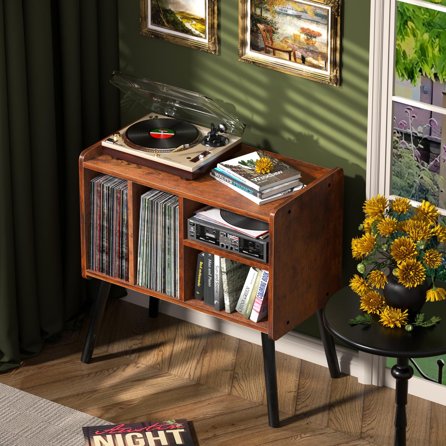 UODERS Record Player Table, Mid-Century Record Player Stand with Vinyl Storage Hold Up to 150+ Albums, Vinyl Record Cabinet with Adjustable Shelves, Wood Turntable Stand for Music Living Room (Brown)