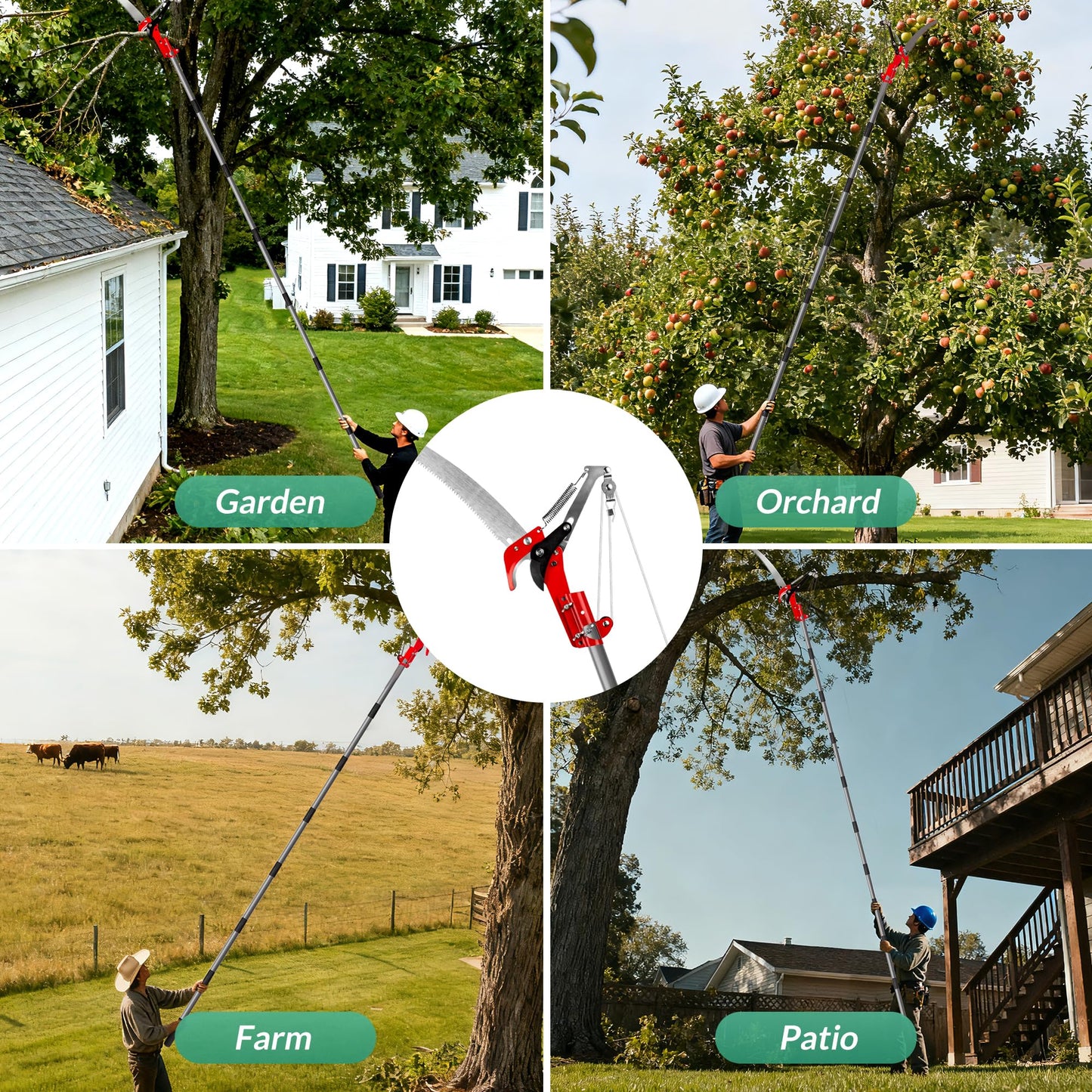 Suchtale Pole Saw 10FT, 2-in-1 Tree Pruner with Saw & Pruning Scissors, Quadruple Pulley Pole Trimmer for High Branch Cutting, Palm Tree, Fruit Tree & Shrub Pruning, Yard Garden Tree Care