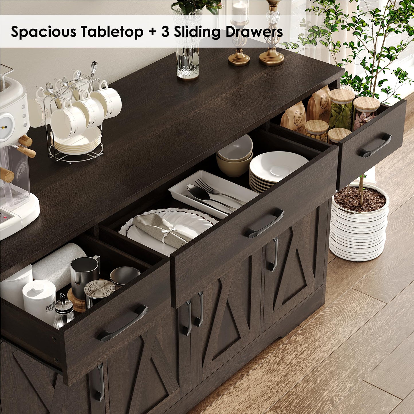 HOSTACK Buffet Cabinet with Drawers, 55" Large Sideboard Buffet Storage Cabinet with Shelves and Doors, Modern Farmhouse Coffee Bar Station Wood Kitchen Table for Kitchen, Dining Room, Dark Brown