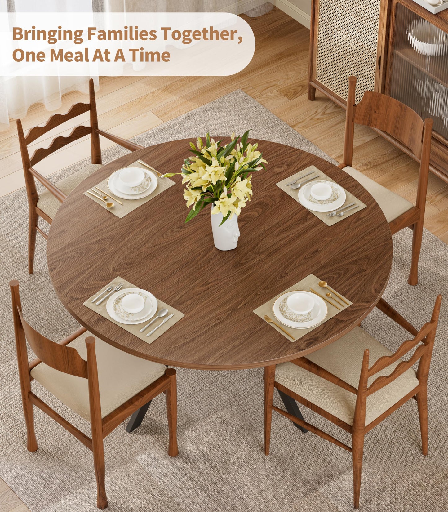 42" Round Dining Table for 4, Farmhouse Kitchen Table with Storage, Space Saving Circle Dinner Table, Rustic Wood Kitchen & Dining Room Tables with Metal Legs for Kitchen, Living Room, Dining Room