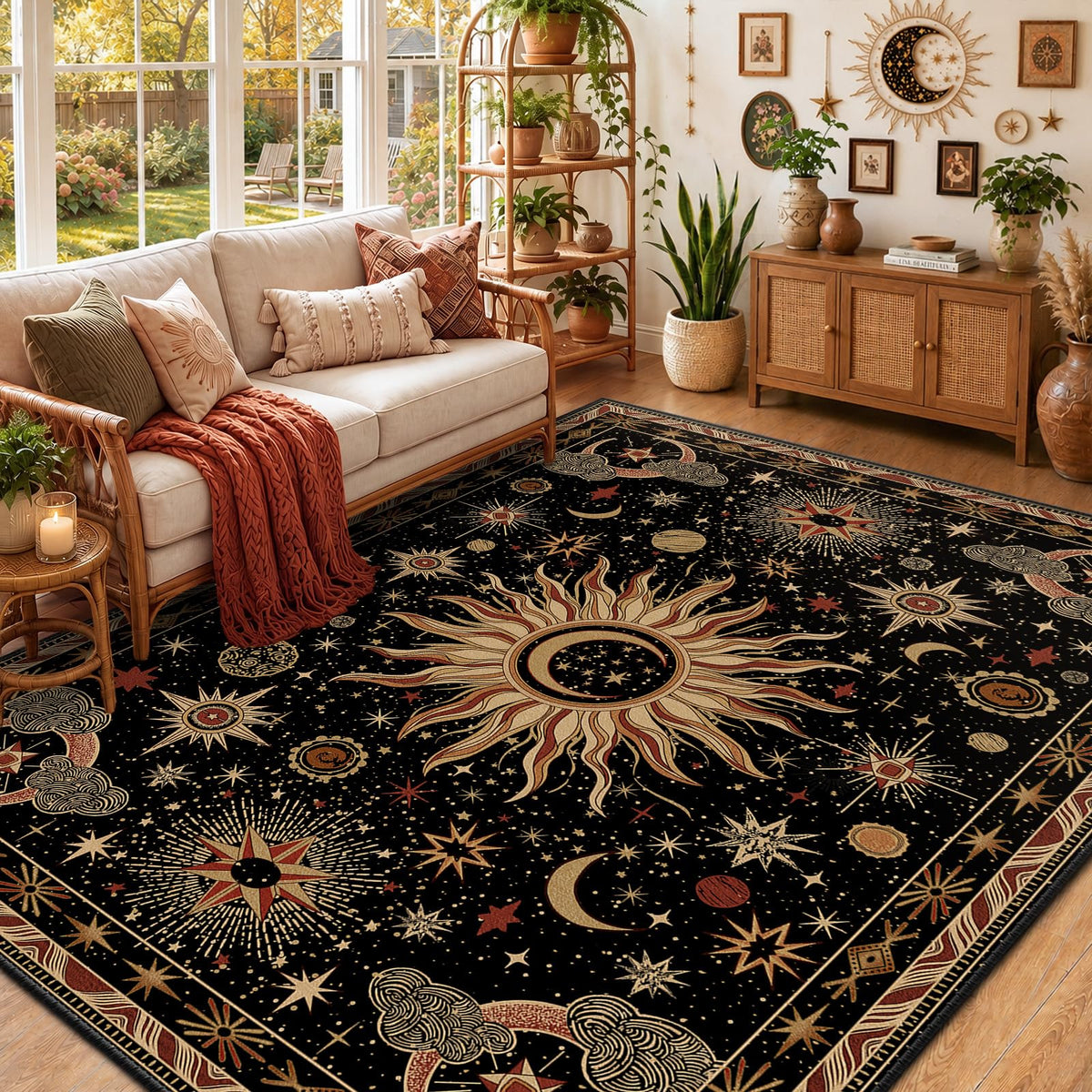 meejou Vacuum-Friendly, 5x7 Washable Area Rug, Black Gold Beige Red