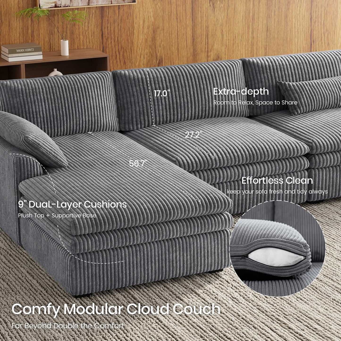 Belffin Large Modular Sectional Sofa with Double Deep Chaise, 135" Corduroy U Shaped Sectional Couch with 9" Soft Dual-Layer 6 Seats U Shaped Couch for Living Room, Apartment, Light Grey