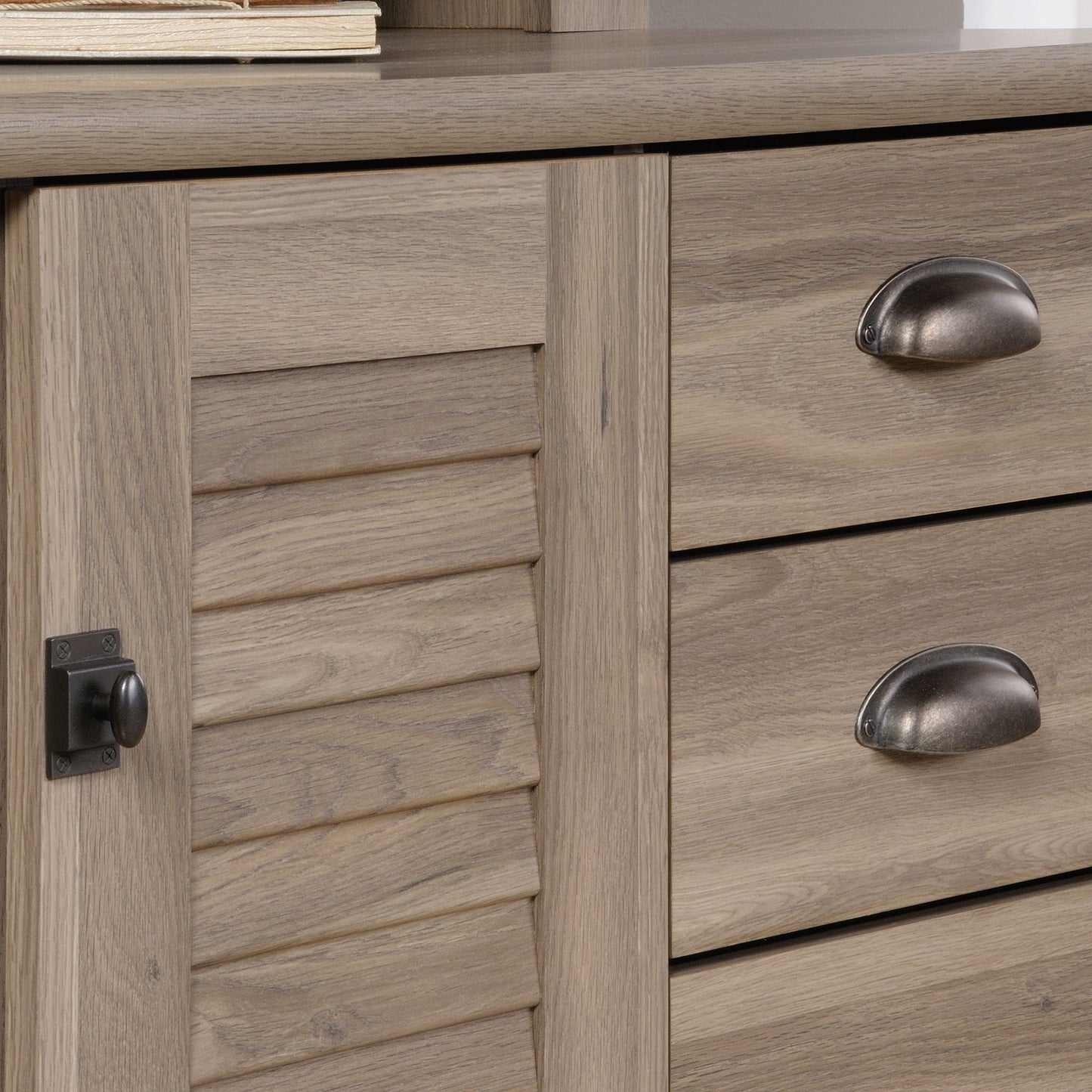 Sauder Harbor View Home Office Computer Desk with Hutch, Keyboard Tray, in Salt Oak finish