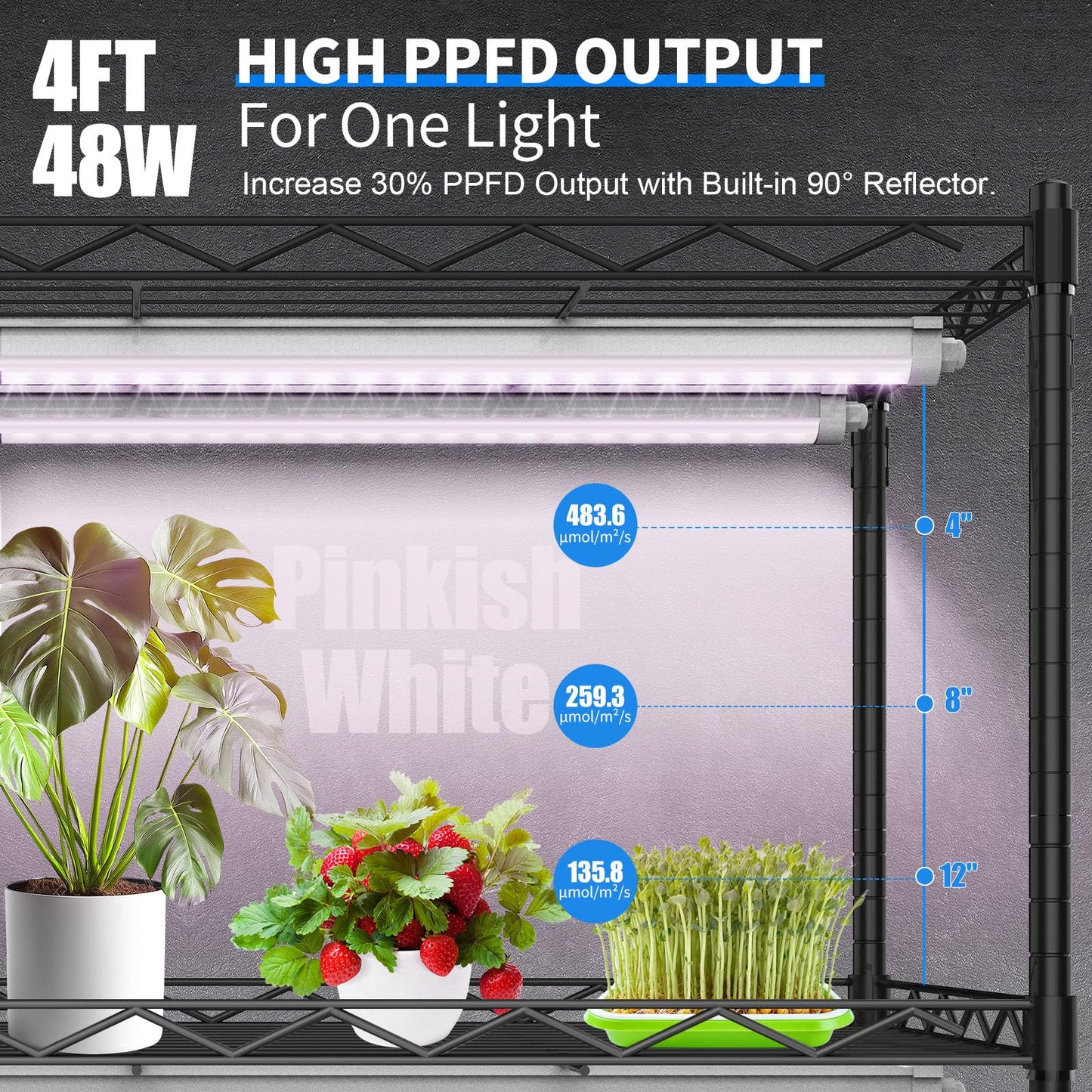 JESLED Waterproof Plant Grow Lights, 4FT Full Spectrum Grow Light for Seedling, Flowering & Fruiting, 96W (2 x 48W, 600W Equiv), Linkable Grow Light Strip, Plug and Play, Pinkish White,2-Pack
