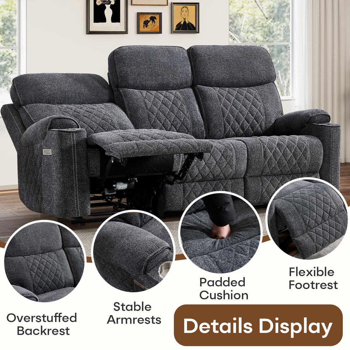 HAOMARKETS 3-Piece Power Recliner Sofa Set with Charging Port, Include Single Recliner Chair, 2-Seater Loveseat Reclining Couch and 3-Seater Reclining Sofa with Cup Holders for Living Room, Dark Grey