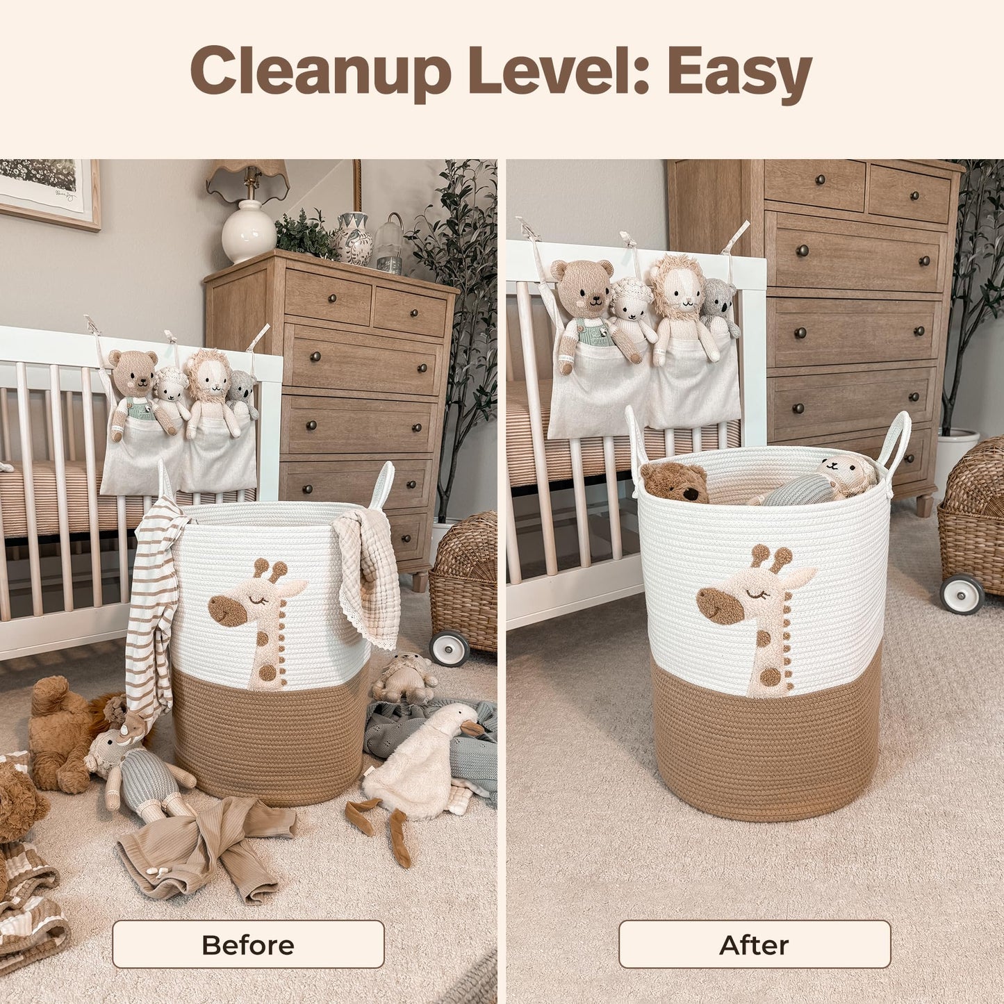 Baby Laundry Basket & Nursery Hamper – 20"x15" Large Giraffe Baby Hamper for Nursery Decor, Tall Woven Rope Dirty Clothes Laundry Hamper with Handles, Safari Animal Baby Room Storage Bin (White & Tan)