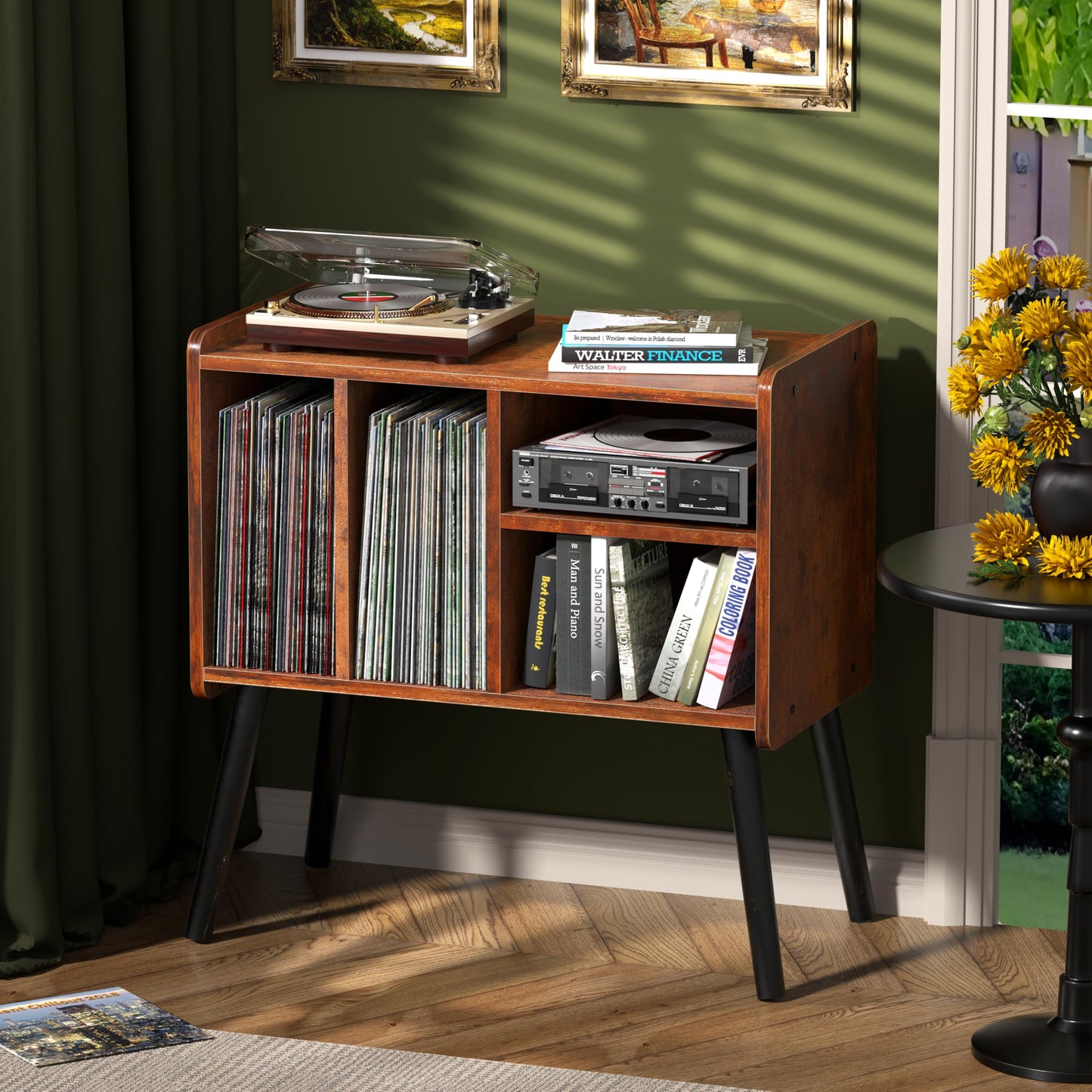 UODERS Record Player Table, Mid-Century Record Player Stand with Vinyl Storage Hold Up to 150+ Albums, Vinyl Record Cabinet with Adjustable Shelves, Wood Turntable Stand for Music Living Room (Brown)
