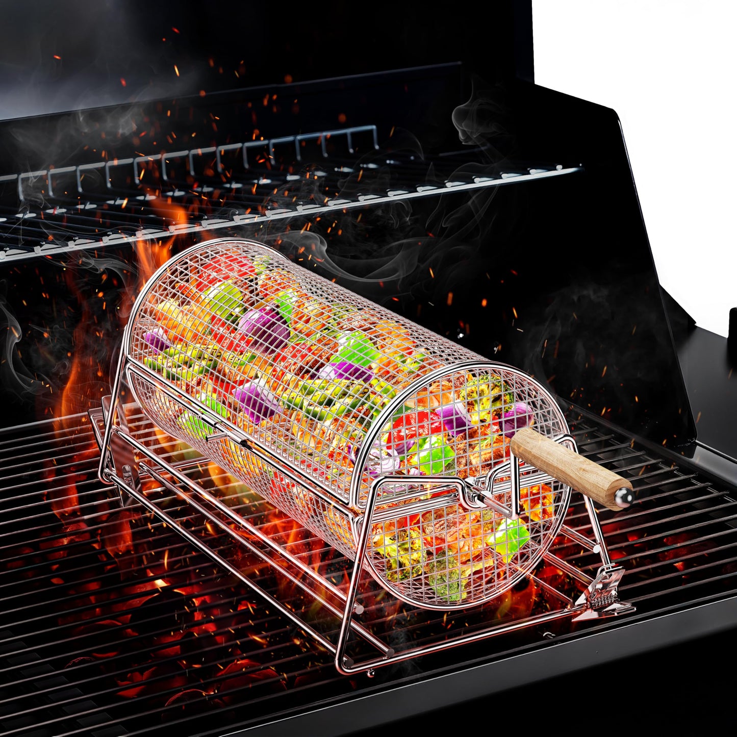 2-in-1 Rolling Grill Basket with Dual Handles, 304 Stainless Steel Rotatable BBQ Basket with Crank Handle & Straight Grip Handle, Grill Net for Vegetables, Shrimp & More, Gift Idea for Men, Dad, Husband
