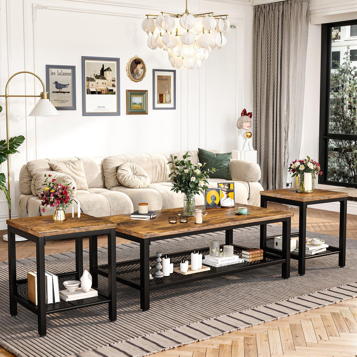 AWQM Coffee Table Industrial Coffee Table with 2 Square End Side Tables, Modern Living Room Table Set with Metal Frame for Apartment Home Office, Rustic Brown Set001