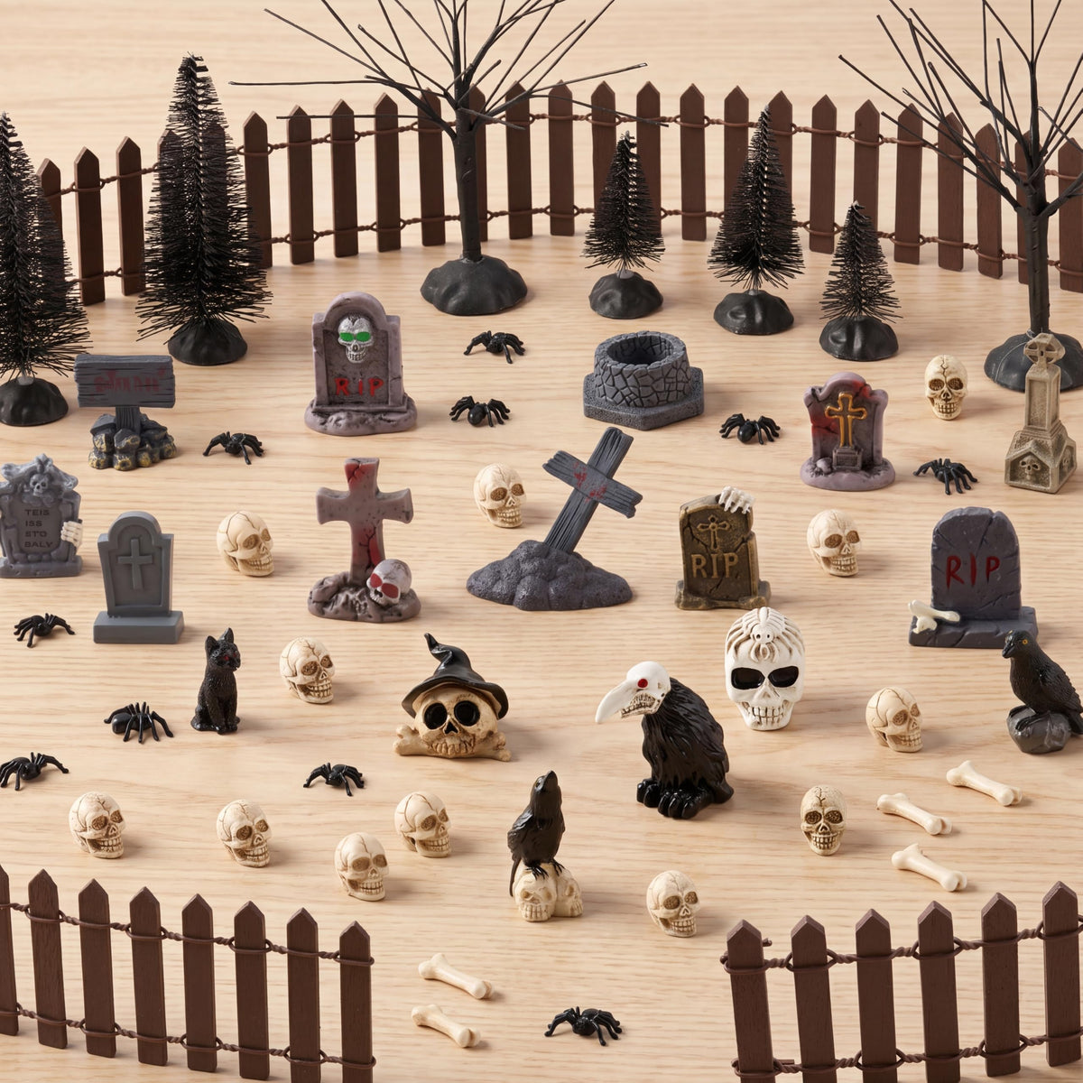 JOYIN 61 Pcs Halloween Village Accessories Set Miniature Graveyard Decorations, Mini Tombstones, Crows, Black Cat, Skulls, Spiders, Fence and Trees for Halloween Town Mini Scene Garden Dollhouse Decor