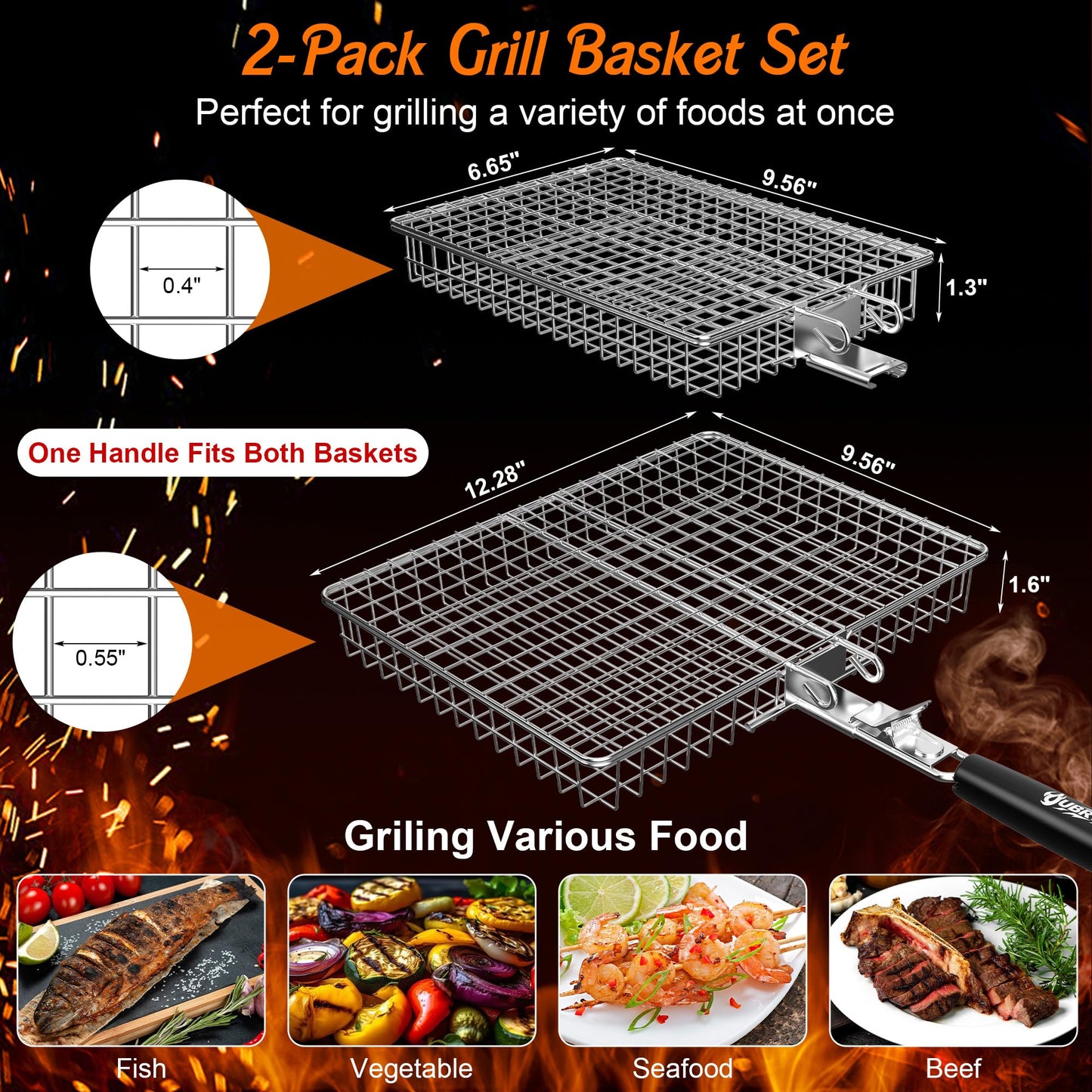 Grill Baskets for Outdoor Grill, 2PCS BBQ Grilling Basket with Removable Wooden Handle, Stainless Steel Camping Cooking Grill Accessories for Meat Fish Vegetable Seafood, Gifts for Men Dad Husband (Silver)