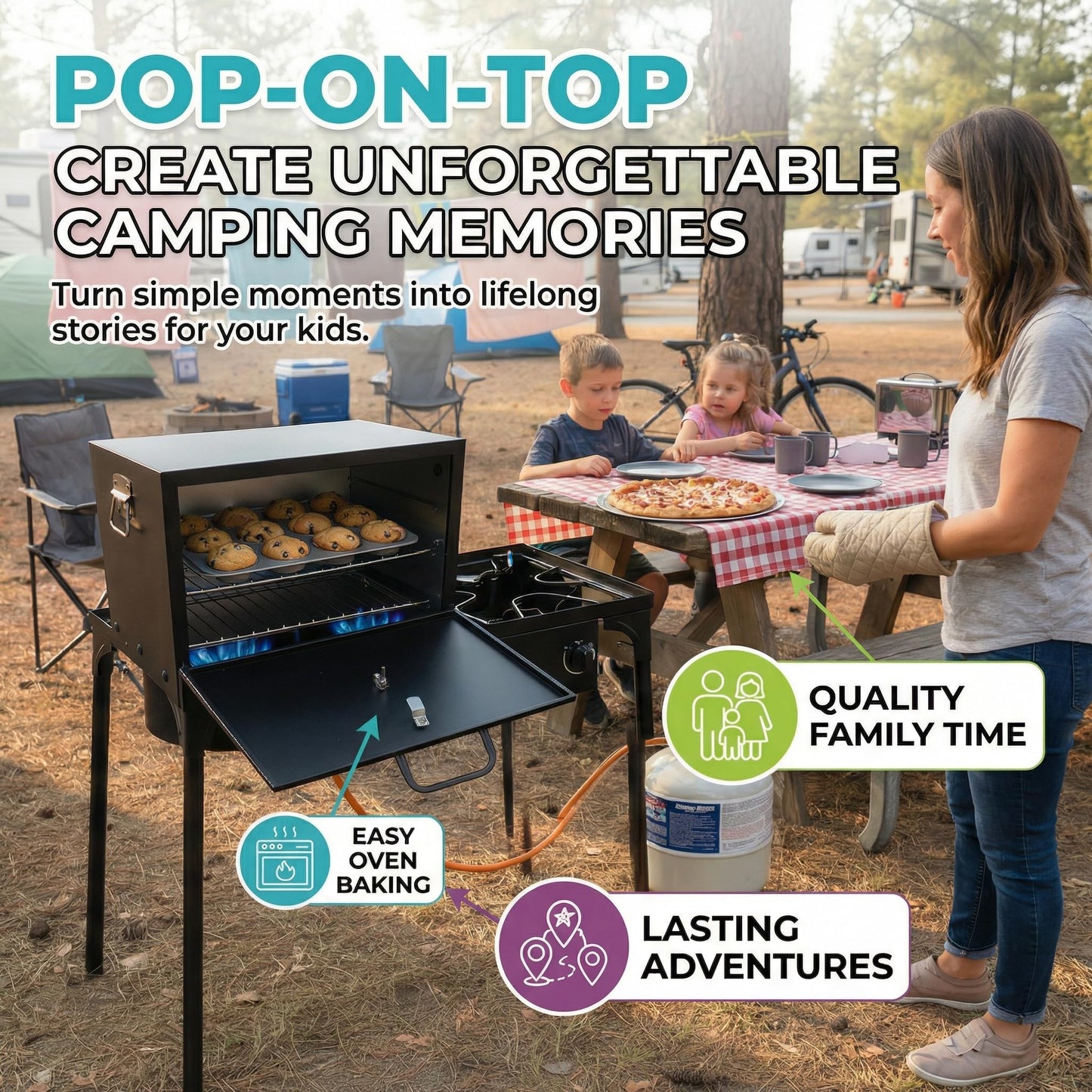 Camping Oven - Pop-On-Top Full Size Baking Oven for Outdoor, RV, Tent Camping, Preppers, Emergency.