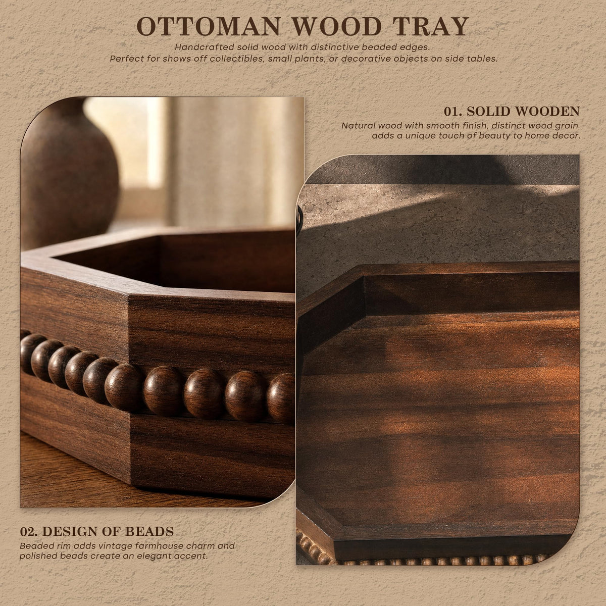 EOSAHR Acacia Wood Decorative Tray: Serving Tray for Table Decor,Dark Brown