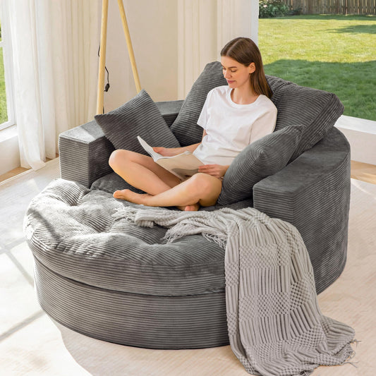 MAXYOYO Oversized Round Chaise Lounge Sofa, Upholstered Lounge Chair with 3 Pillows, Boneless Sofa Couch with Ottoman, Deep Seat Chair for Living Room, Bedroom, No Assembly, Dark Grey