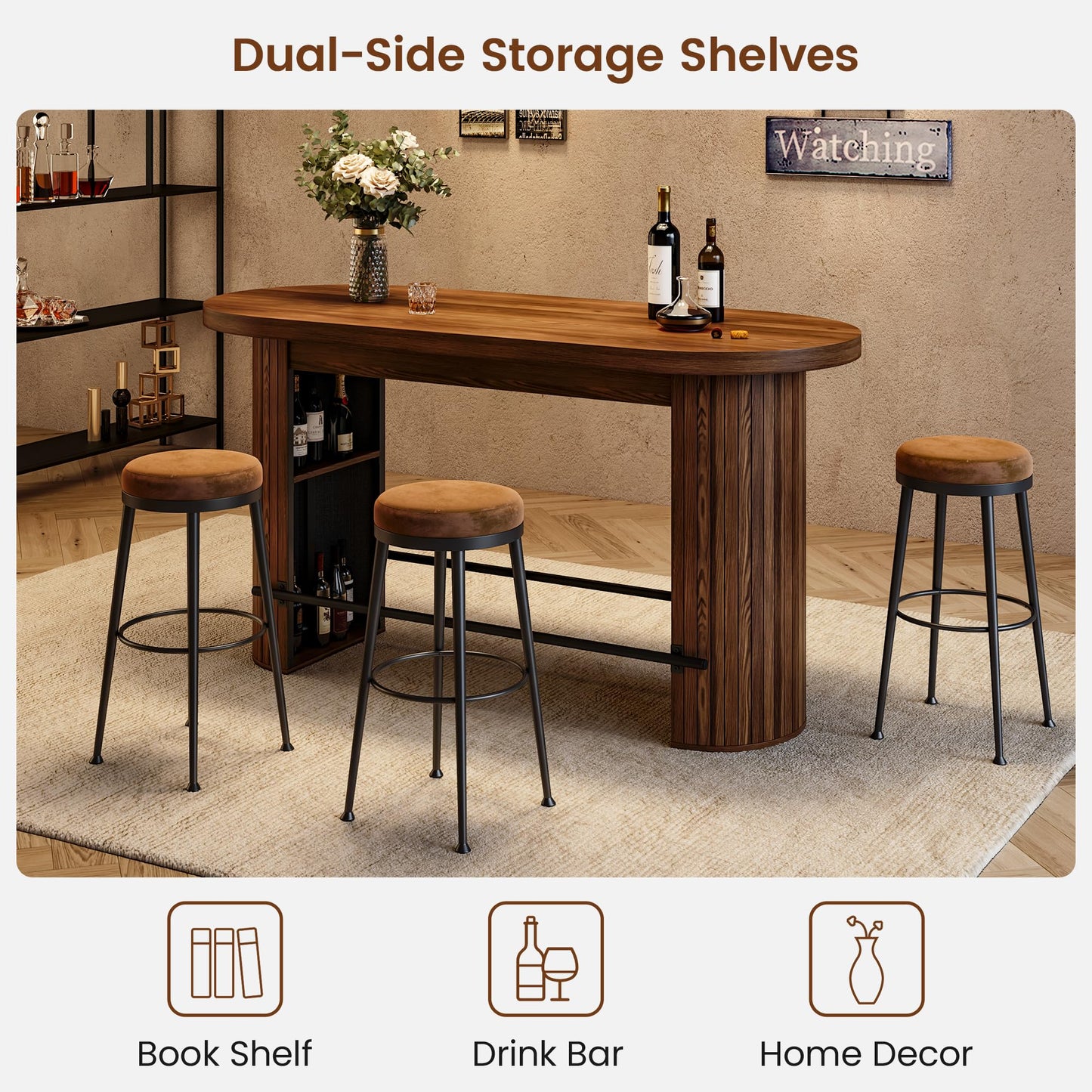 59" Bar Table with Storage - Walnut Vintage Counter Height Table, 6-Seater Pub Table with Metal Footrest, Wooden Round Edge Bar Counter, Home Bar Unit for Kicthen Island, Dining Room, Media Room