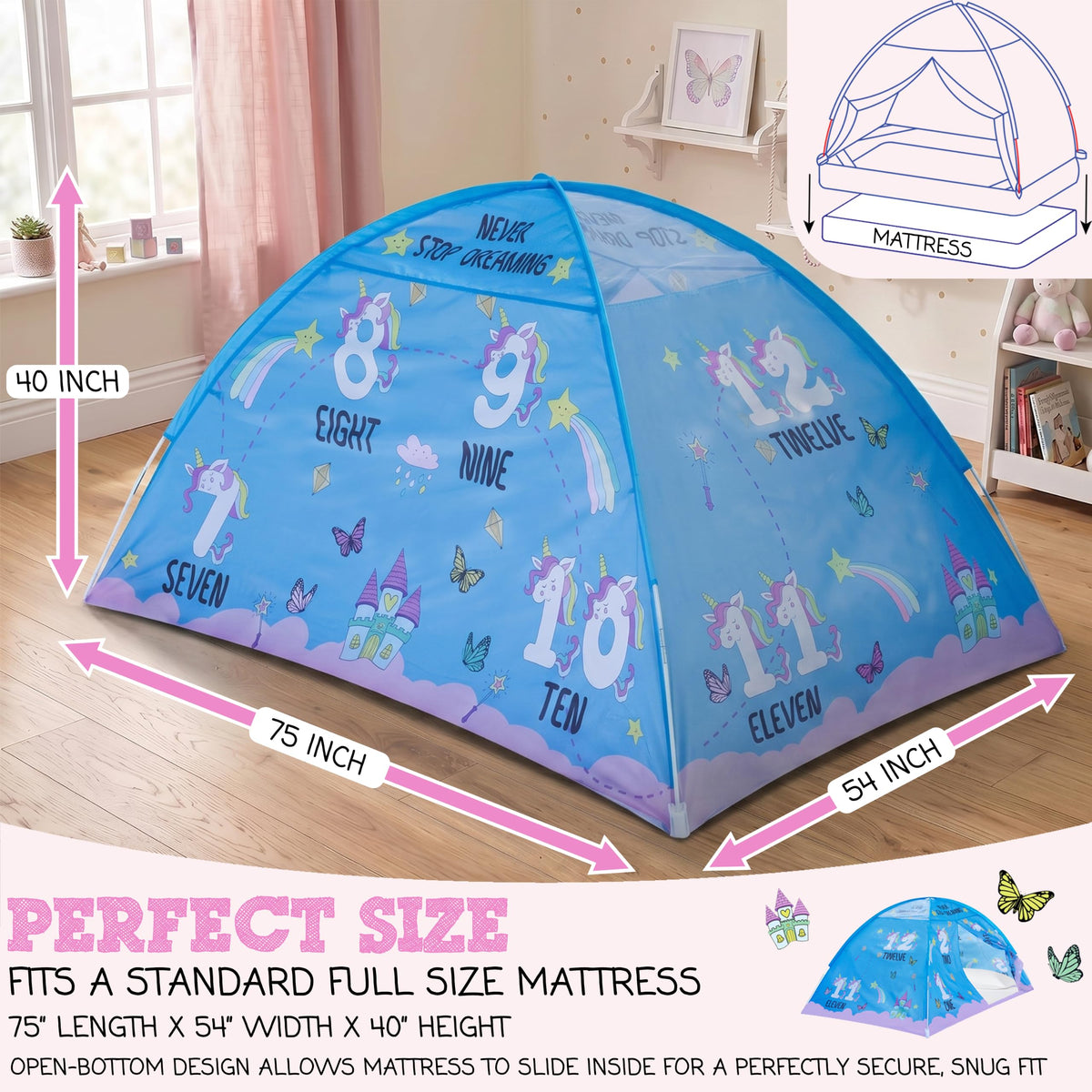Pink Unicorn Kids Bed Tent Full Size, Pop Up Toddler Canopy and Play Fort