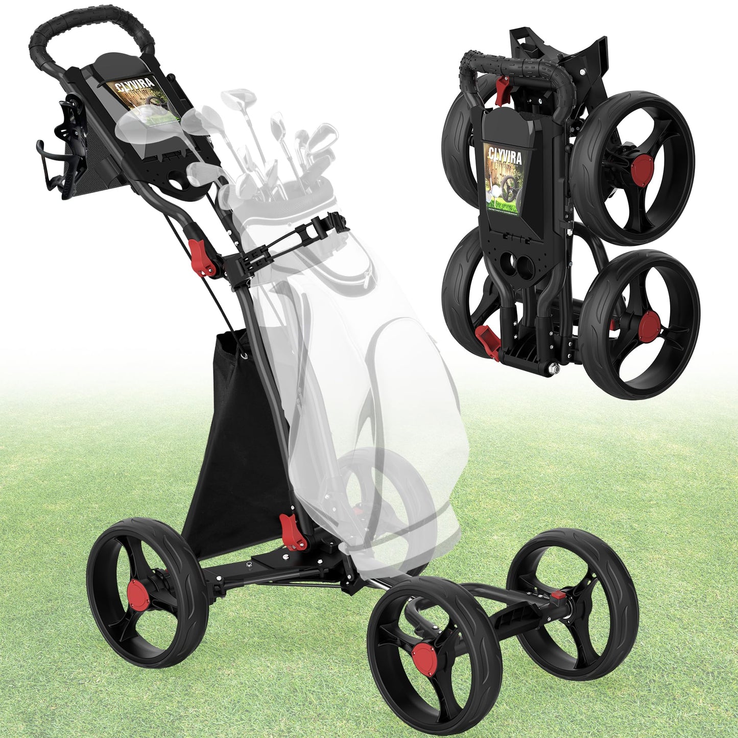 Clyvira 4-Wheel Golf Push Cart, 1-Click Folding, 300 lbs Load Capacity, Large Storage with Cup Holder, Cooler Bag, 10" Durable Wheels with Brake for All-Terrain, CruiseMaster V8 Golf Cart (Black)