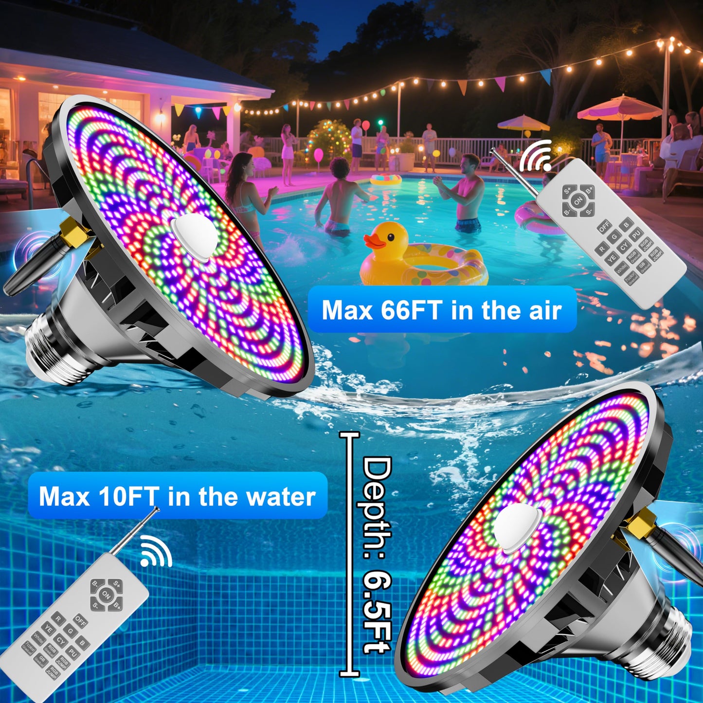 Vzyhik LED RGBW Pool Light Bulb for Inground Pools – Led Pool Lights Inground Adjustable Brightness & 12 Color Modes with Remote Control, Energy Efficient – E26 Base, 70W