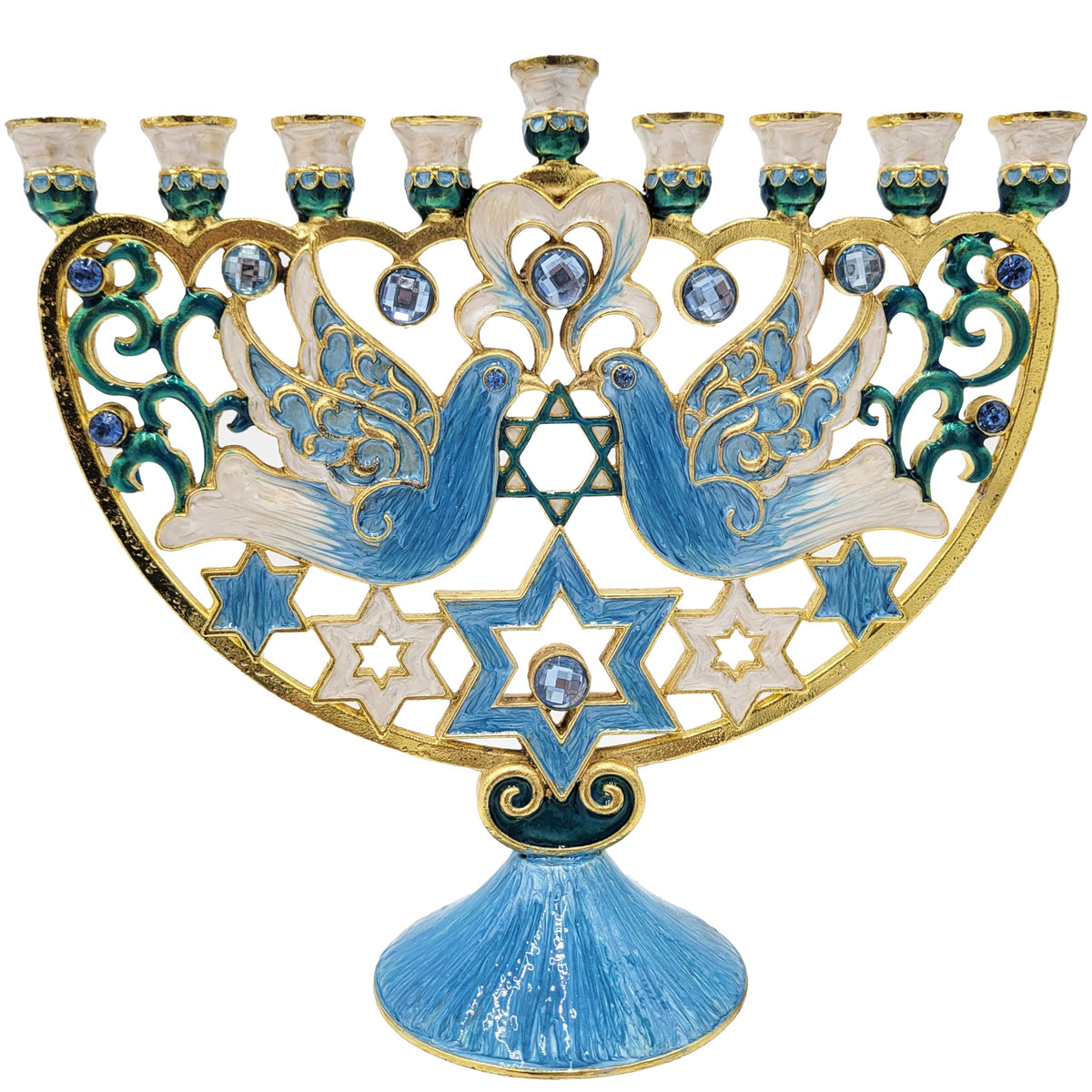 The Dreidel Company Hanukkah Large 12-Inch Tall Menorah Hand Painted Enamel, Star of David Magen David & Blue Bird Design, Hand-Painted Enameled Metal
