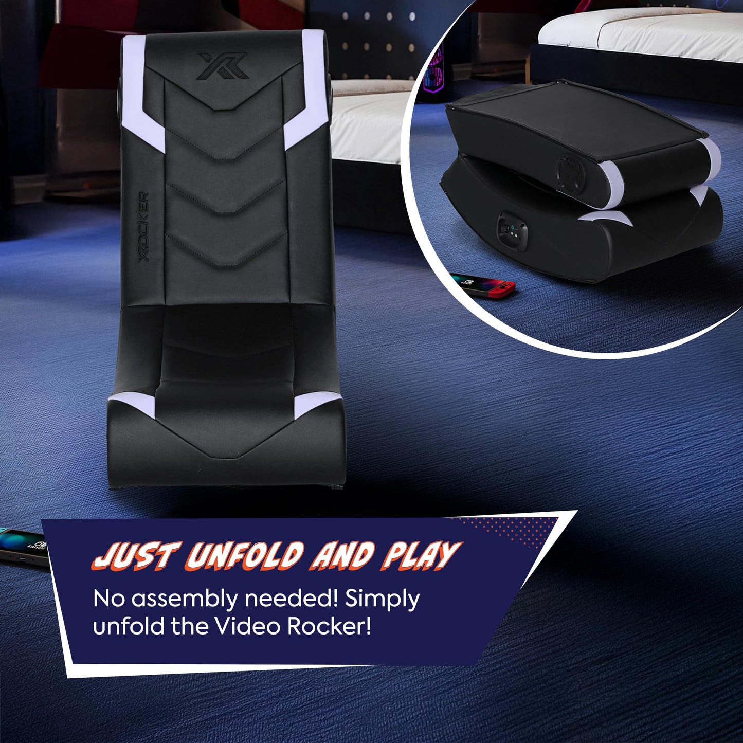 X Rocker Eclipse Video Gaming Floor Chair with Built-in Headrest Speakers, Wireless Bluetooth, Foldable, Vegan Leather, 300 lbs Max, Amazon Exclusive, Black and Silver, Gifts for Gamers