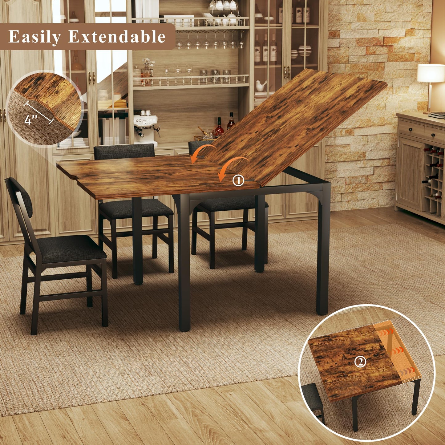 7-Piece Dining Table Set for 4-6, Extendable Kitchen Table Cushion Chairs Set of 6 with 6 Chairs, Rectangle Dining Table with Metal Frame & MDF Board, Folding for Small Apartment Saving Space, Rustic