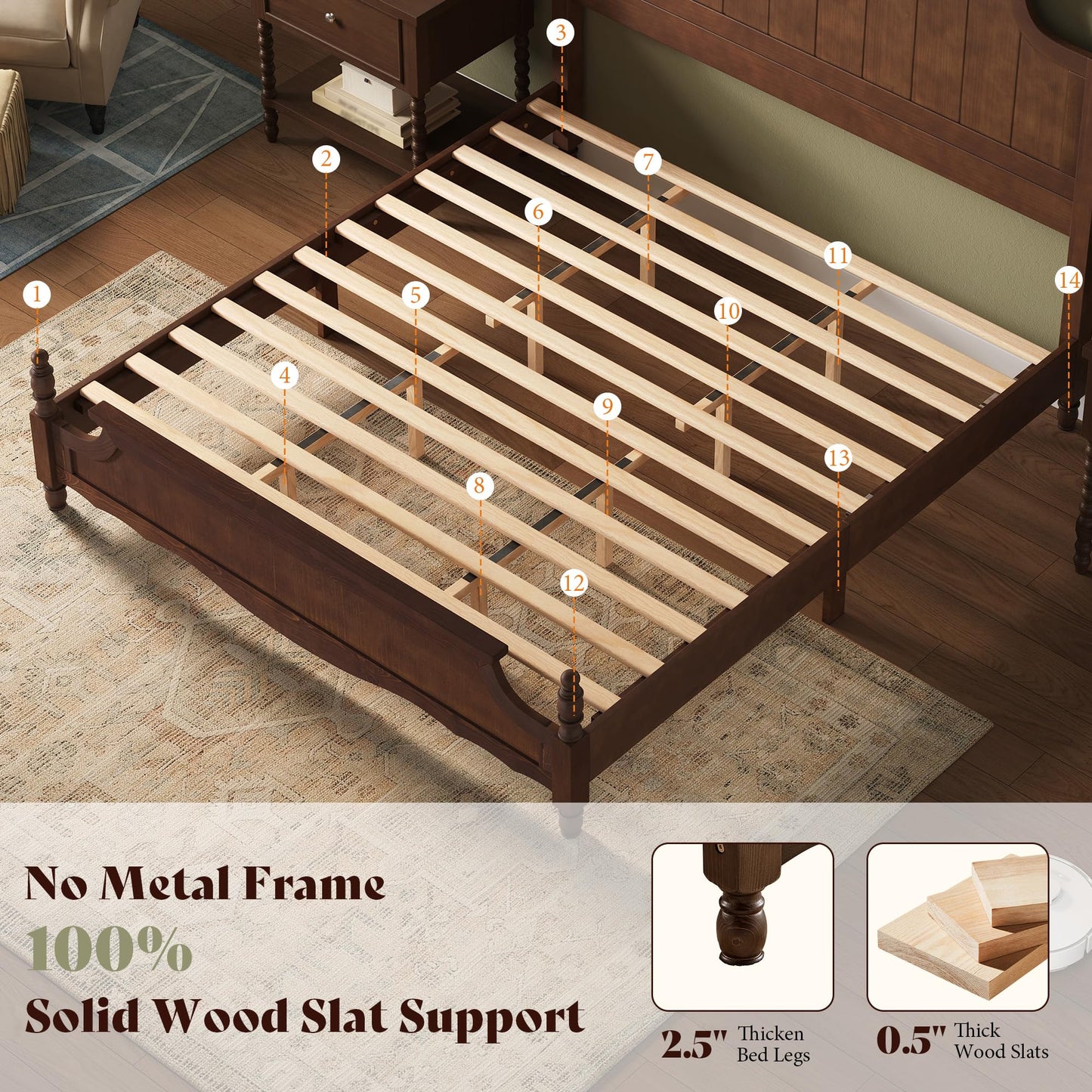 AMERLIFE Solid Wood California King Bed Frame, Traditional Poster Platform Bed with 55" Tall Arched Headboard, Wood Slat Support, No Box Spring Required, Dark Walnut