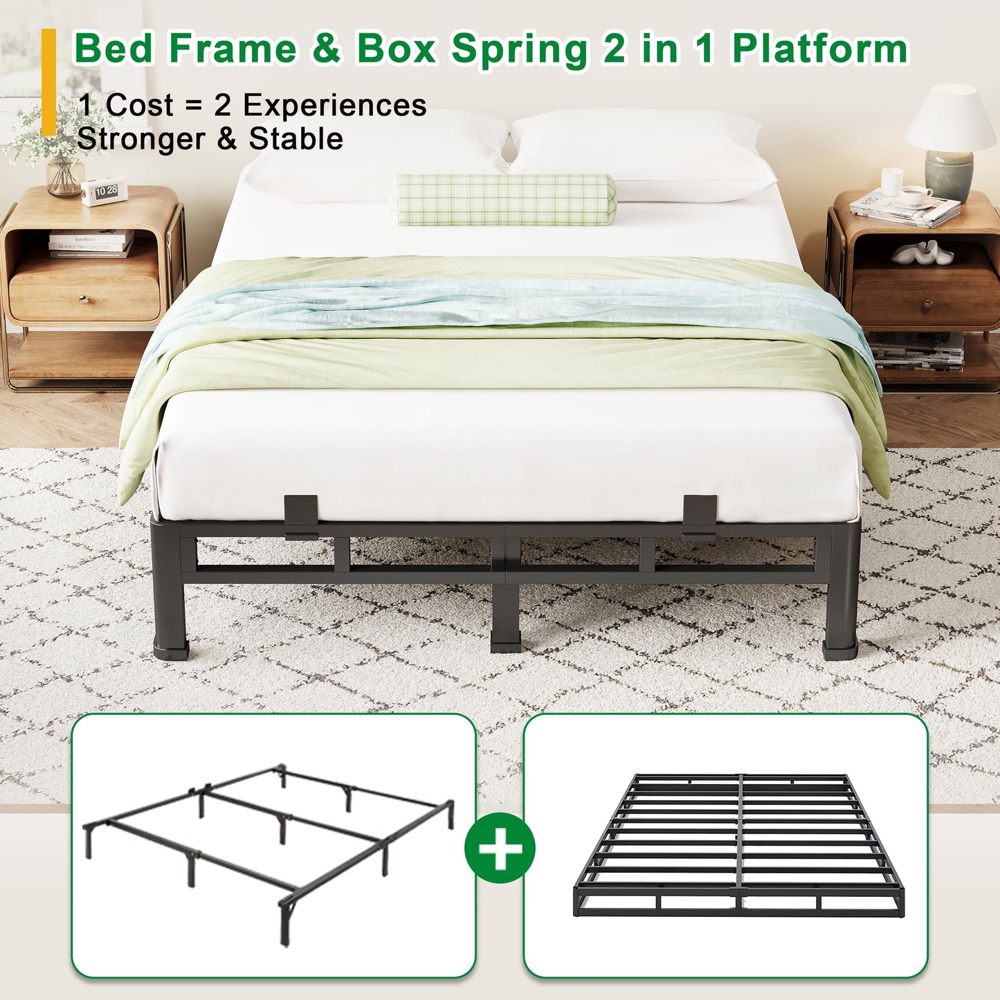 ROIL 7 Inch Full Size Bed Frame, Metal Bed Frame & Box Spring 2 in 1 Platform with Round Corner Legs, 4000LBS Double Layer Low Profile Metal Platform Mattress Baffles, Noise-Free Easy Assembly