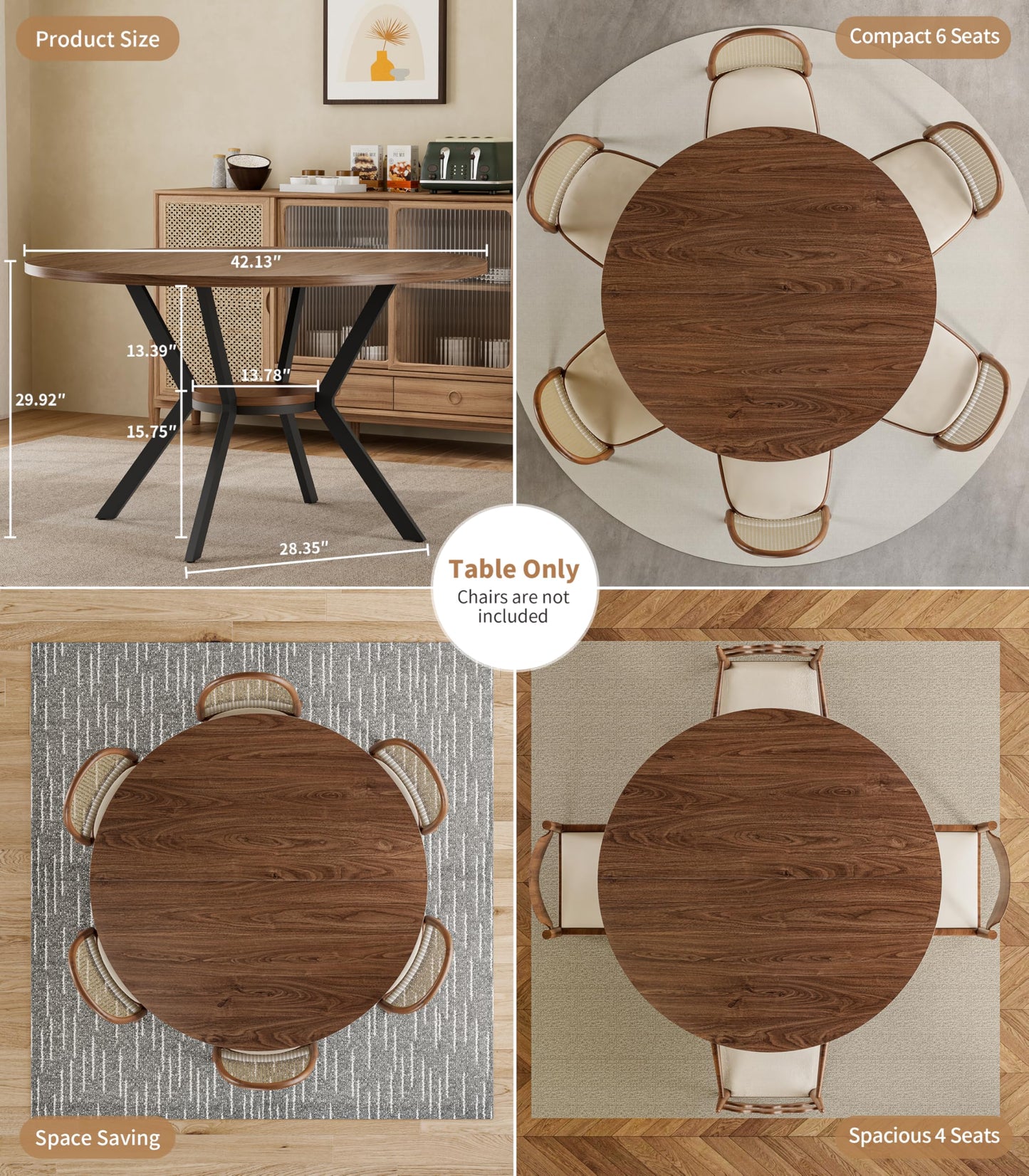 42" Round Dining Table for 4, Farmhouse Kitchen Table with Storage, Space Saving Circle Dinner Table, Rustic Wood Kitchen & Dining Room Tables with Metal Legs for Kitchen, Living Room, Dining Room