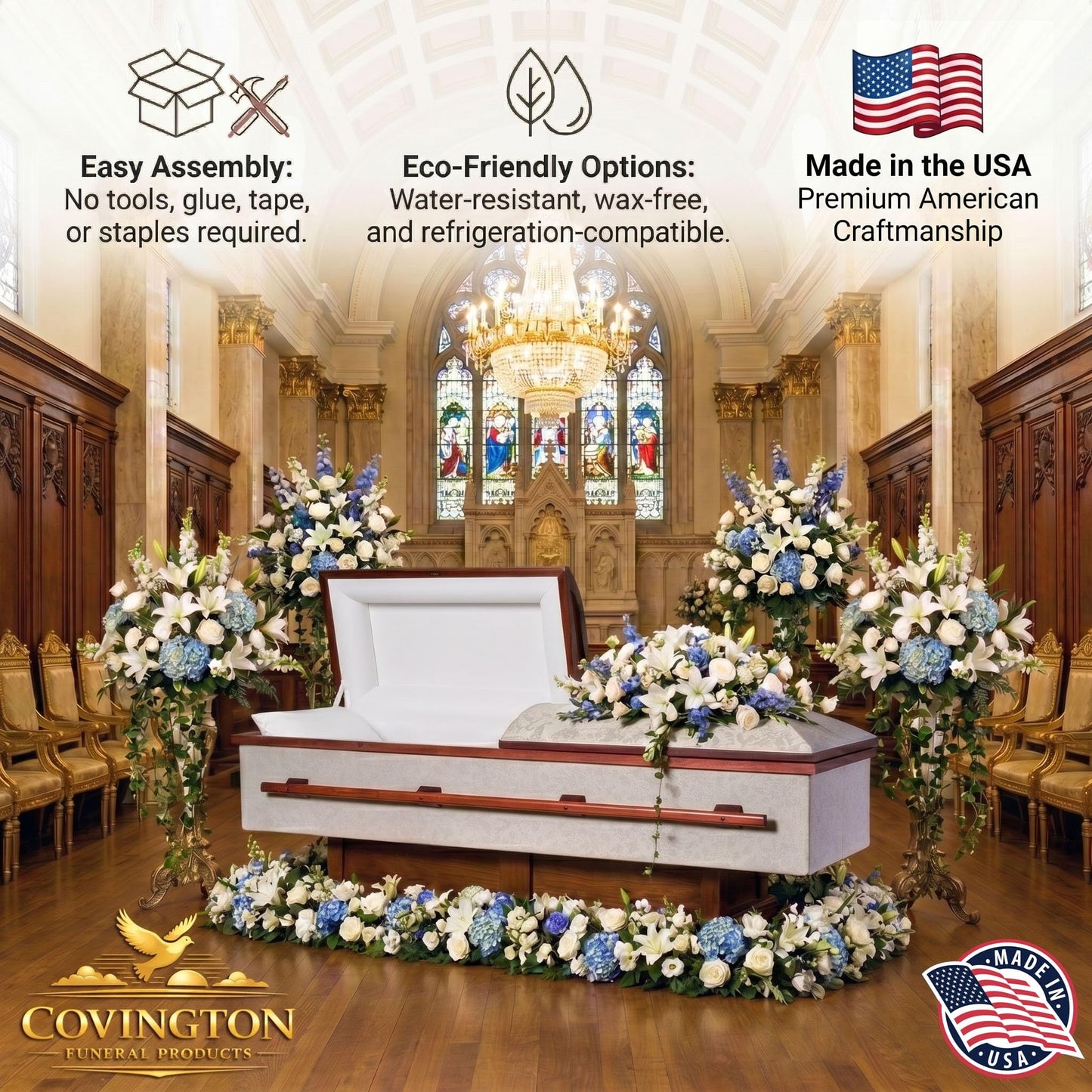 Covington Funeral Products Serenity Silver Dark Burial Casket, Lightweight Cloth Covered Funeral Casket Coffin, Corrugated Cardboard Casket with Satin Interior Pillow Liner | Burial or Cremation