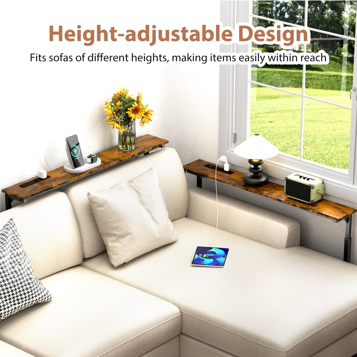 GRLEAF 2 Pack Adjustable Height Narrow Console Table with Power Outlets, 78.7" Long Sofa Table with Charging Station Behind Couch Table Entryway Table for Living Room and Hallway – Rustic Brown