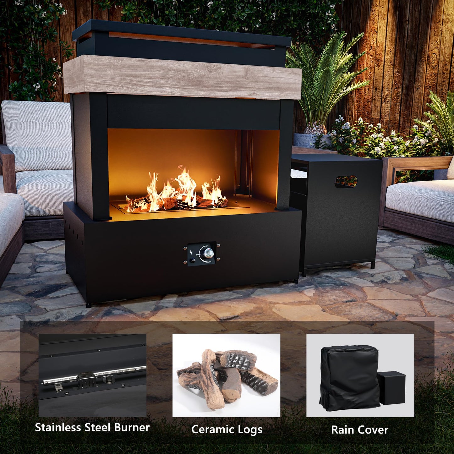 MaxMulti Outdoor Propane Fireplace w Tank Table, 50,000 BTU Gas Fire Pit with Ceramic Logs, Rain Cover, 35 Inch Steel Metal Smokeless Fireplace for Patio, Deck, CSA Certified (35 x 40 Inch)