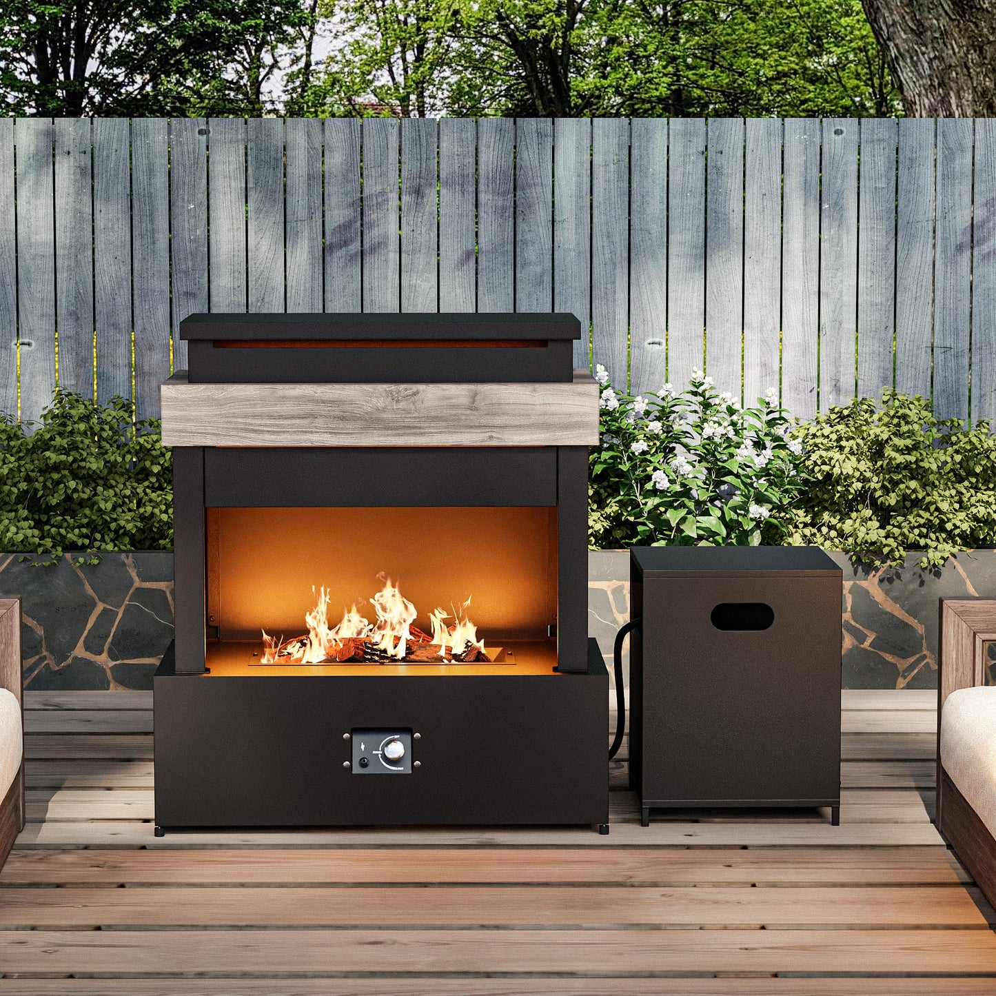 MaxMulti Outdoor Propane Fireplace w Tank Table, 50,000 BTU Gas Fire Pit with Ceramic Logs, Rain Cover, 35 Inch Steel Metal Smokeless Fireplace for Patio, Deck, CSA Certified (35 x 40 Inch)
