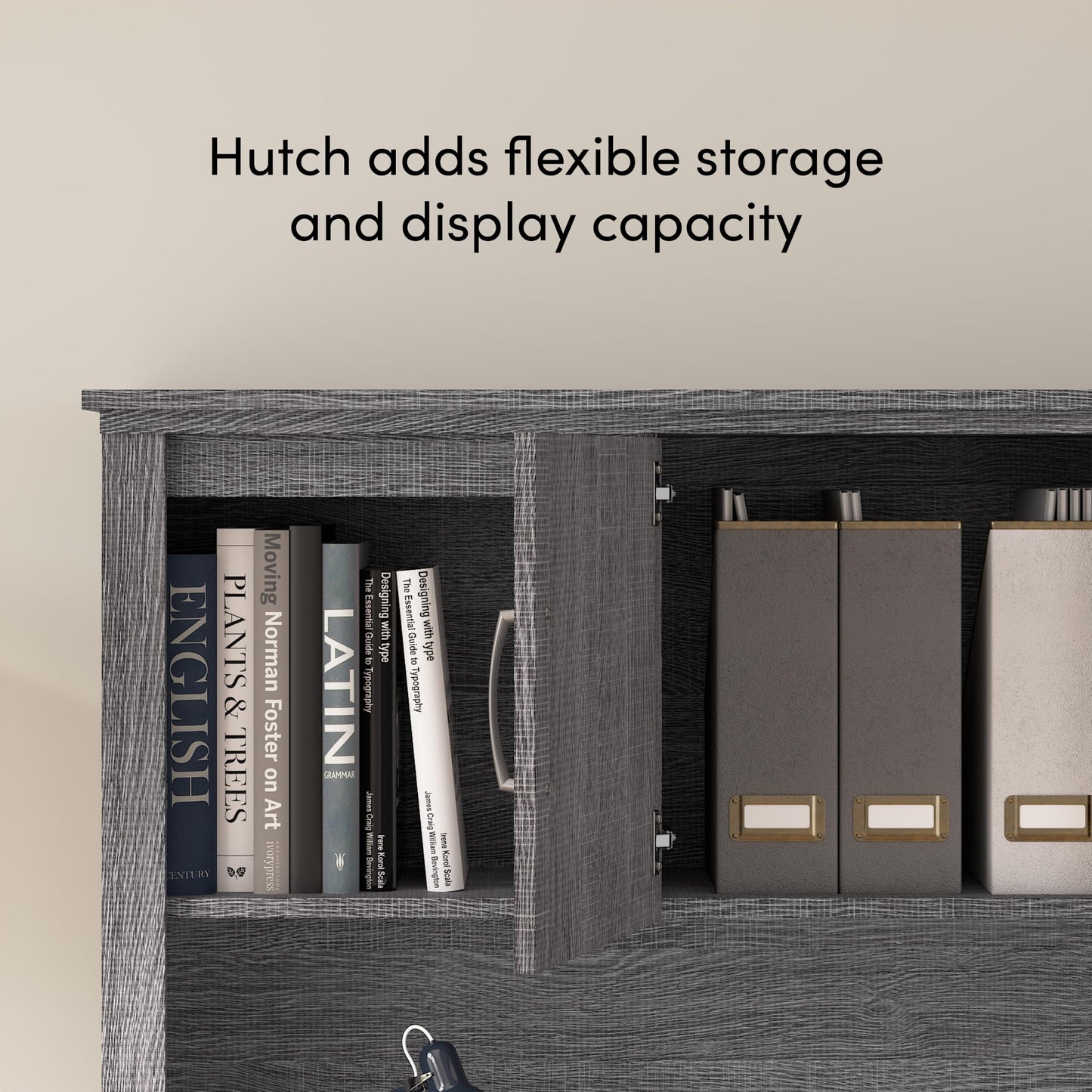 Bestar U or L Shaped with Hutch and File Cabinet, Bark Grey, Logan, 66W