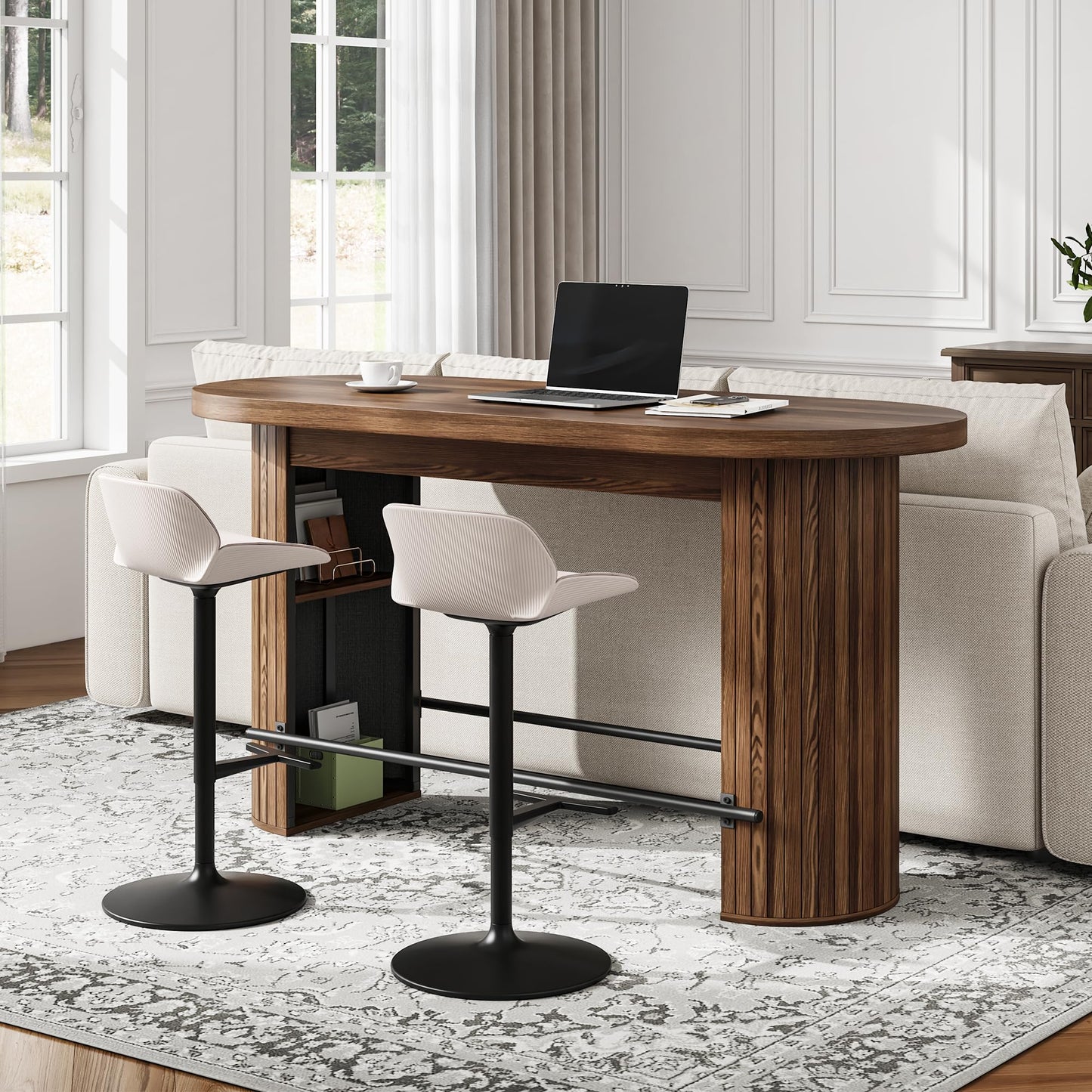59" Bar Table with Storage - Walnut Vintage Counter Height Table, 6-Seater Pub Table with Metal Footrest, Wooden Round Edge Bar Counter, Home Bar Unit for Kicthen Island, Dining Room, Media Room