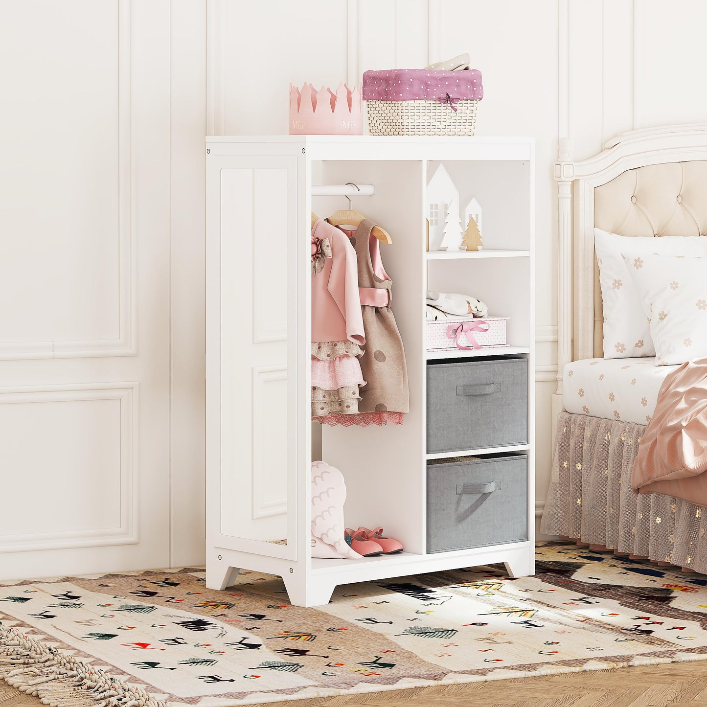 UTEX Kids Dress Up Storage with Full Length Mirror, Kids Armoire with 2 Storage Bins, Opening Hanging Costume Closet Wardrobe, Pretend Storage Closet Armoire Dresser