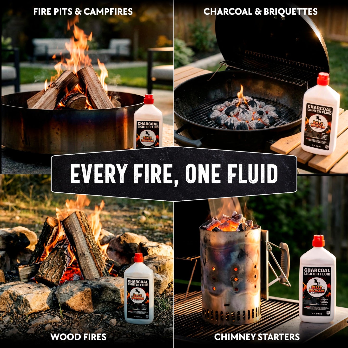 Charcoal Lighter Fluid (1 Quart) - 2 Pack Clean Burning, Low Odor & Fast Lighting Lighter Fuel - Perfect Fire Starter Fluid for Outdoor BBQ, Grilling, Camping, Charcoal & Wood Fires by Billy Buckskin